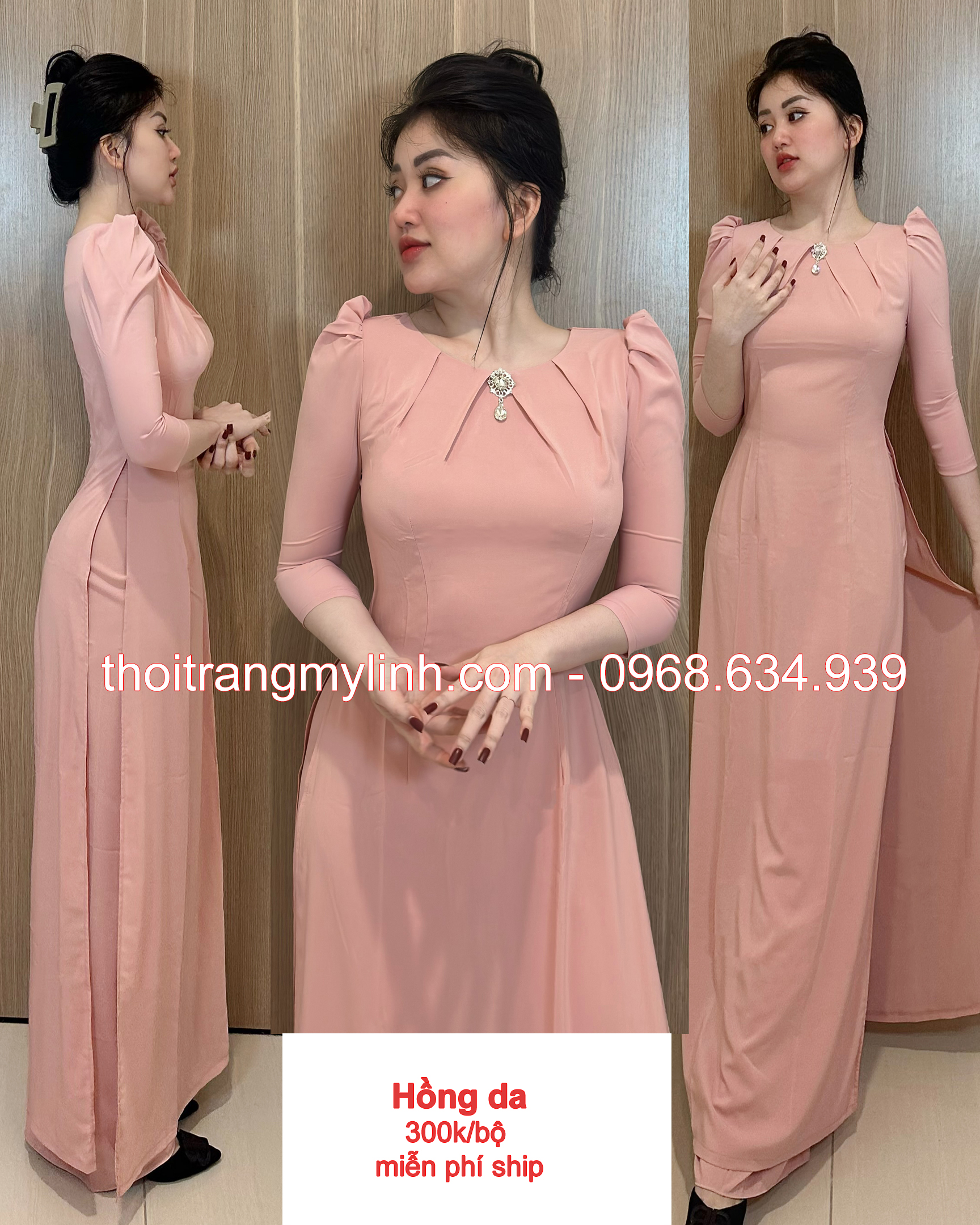 Bộ áo dài cổ tròn xếp li màu hồng da