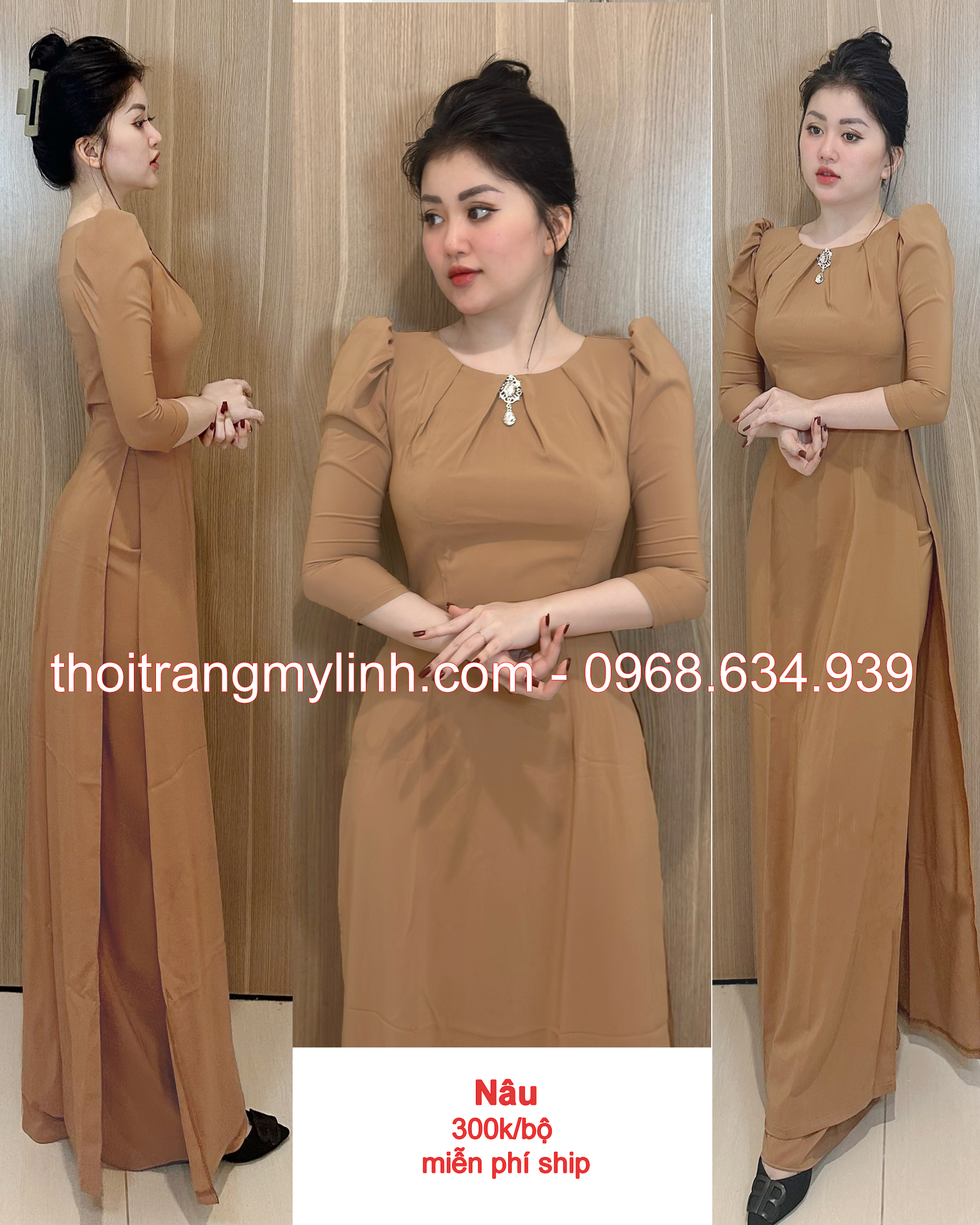 Bộ áo dài cổ tròn xếp li màu nâu