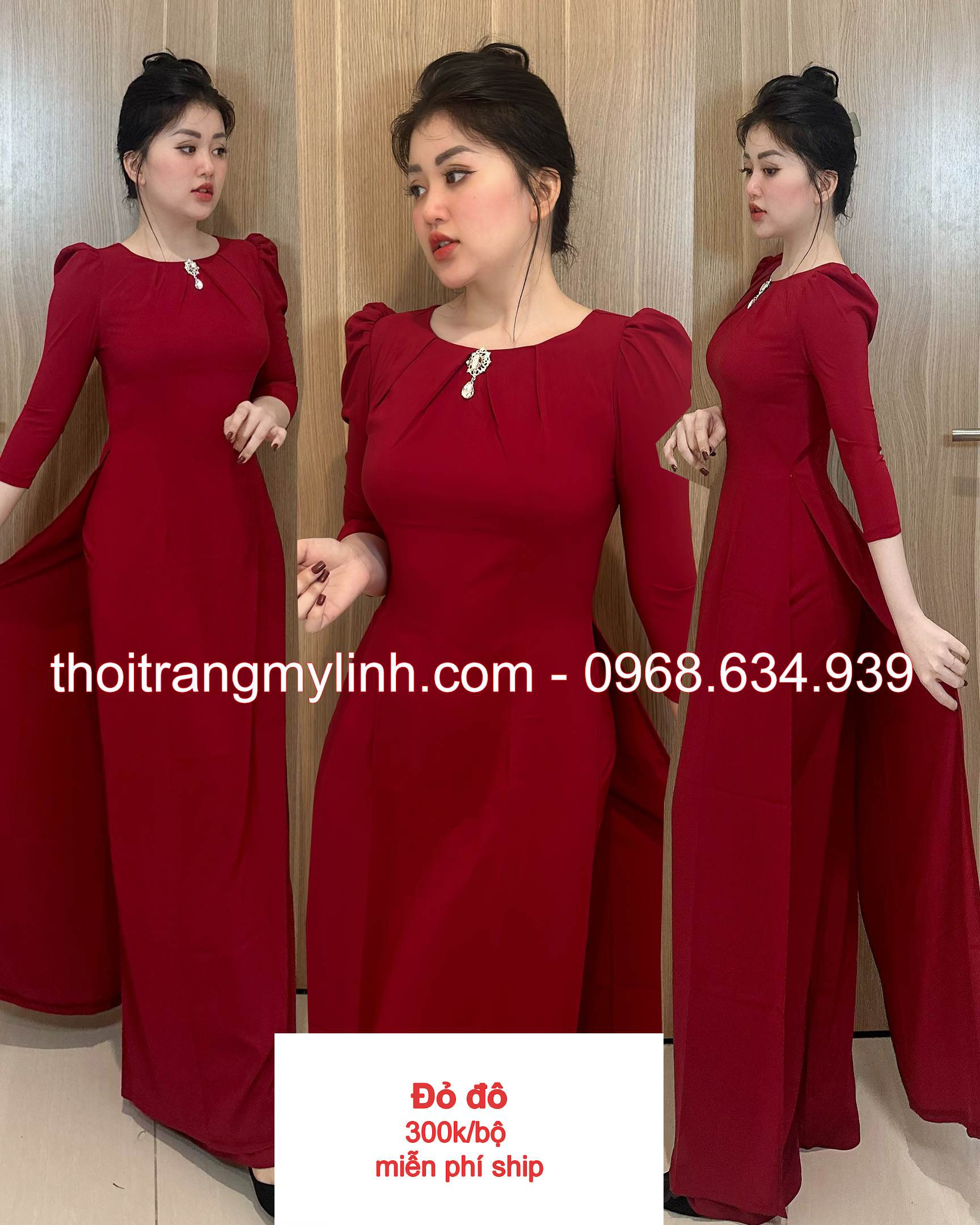 Bộ áo dài cổ tròn xếp li màu đỏ đô