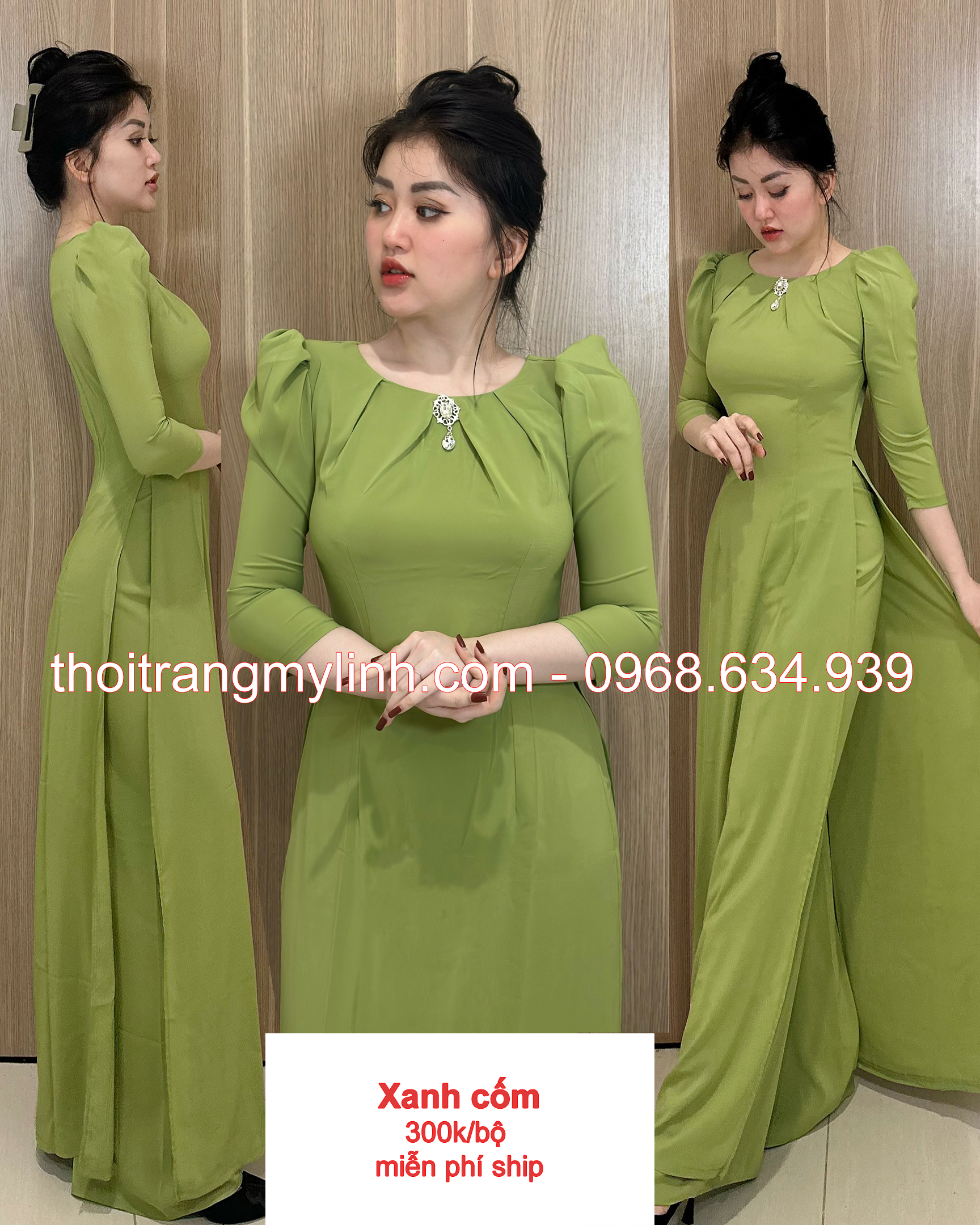 Bộ áo dài cổ tròn xếp li màu xanh cốm