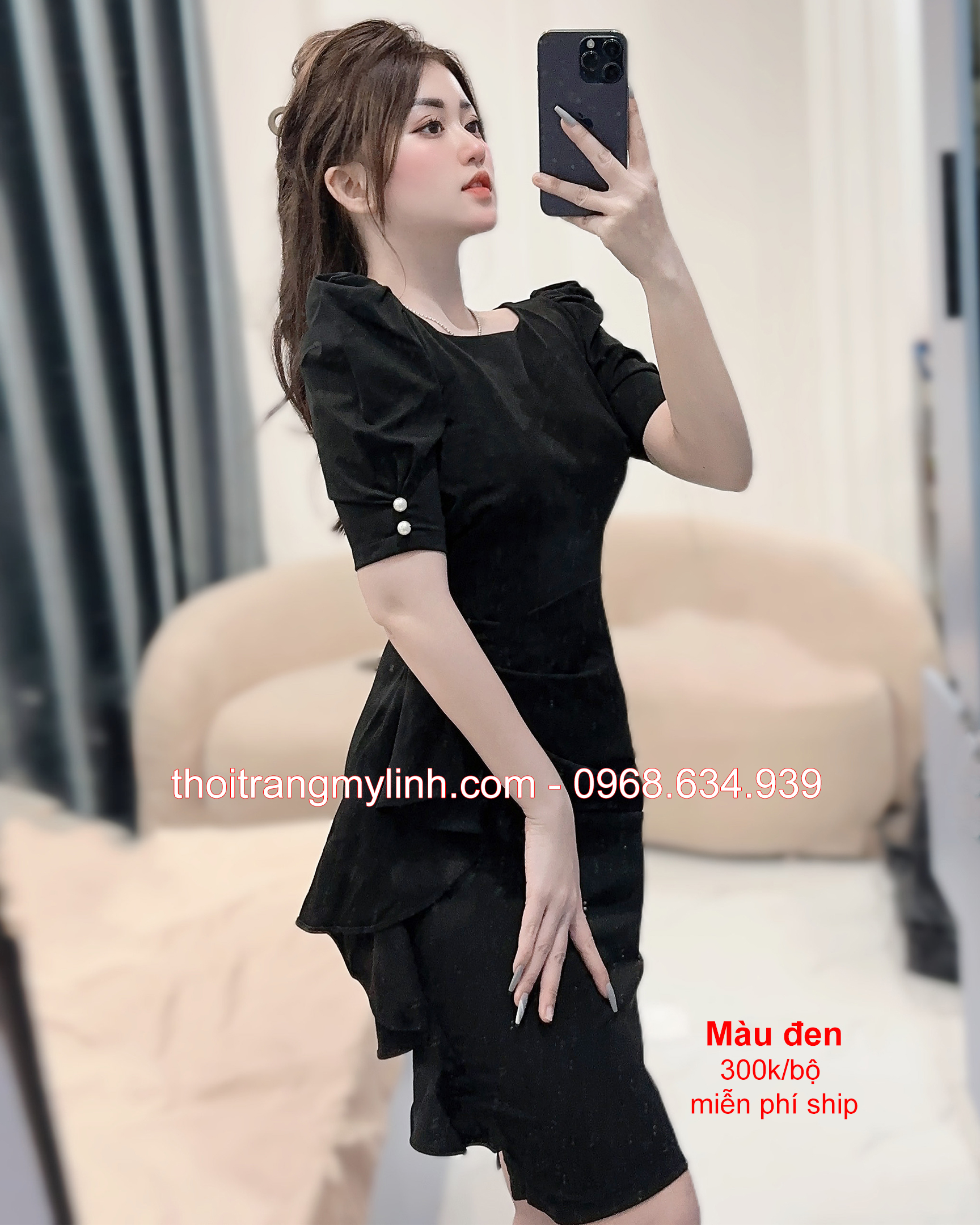 Đầm body đính ngọc trai màu đen