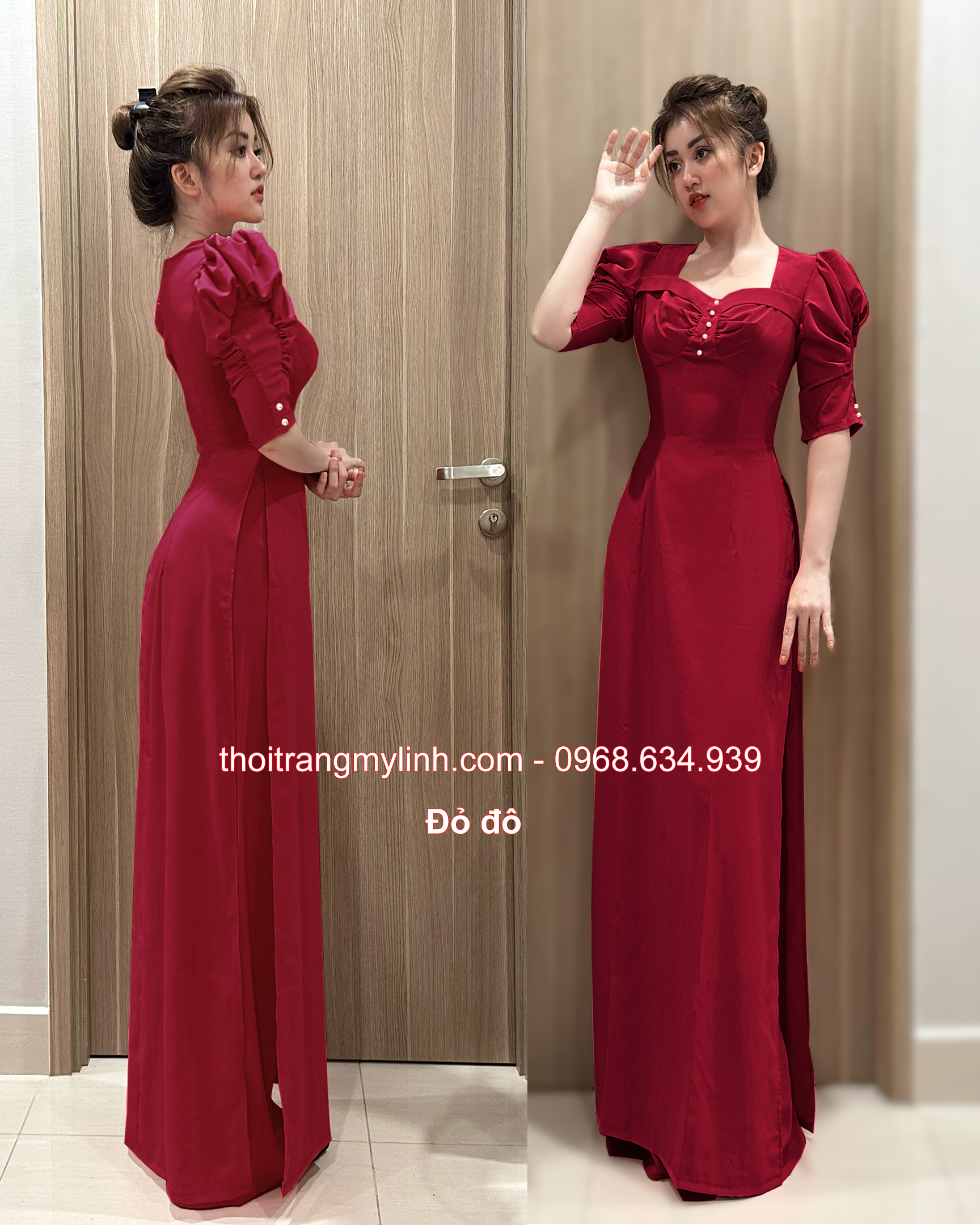 Áo dài đính ngọc trai tay phồng, lỡ màu đỏ đô