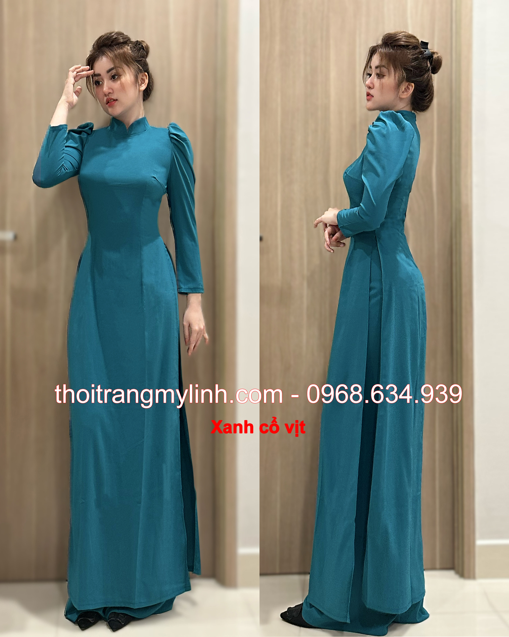 Áo dài cổ 3 phân tay phồng, dài màu xanh cổ vịt