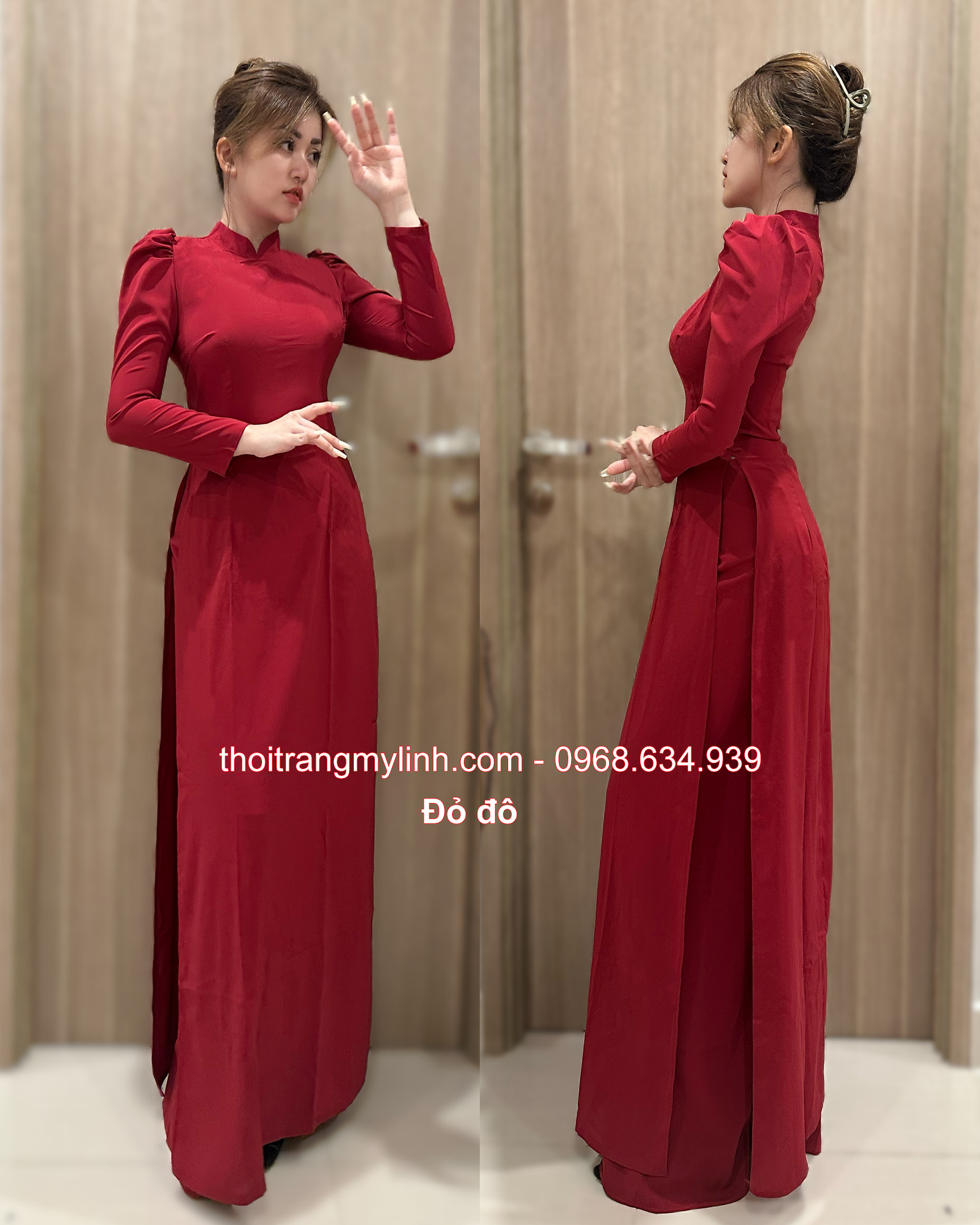 Áo dài cổ 3 phân tay phồng, dài màu đỏ đô
