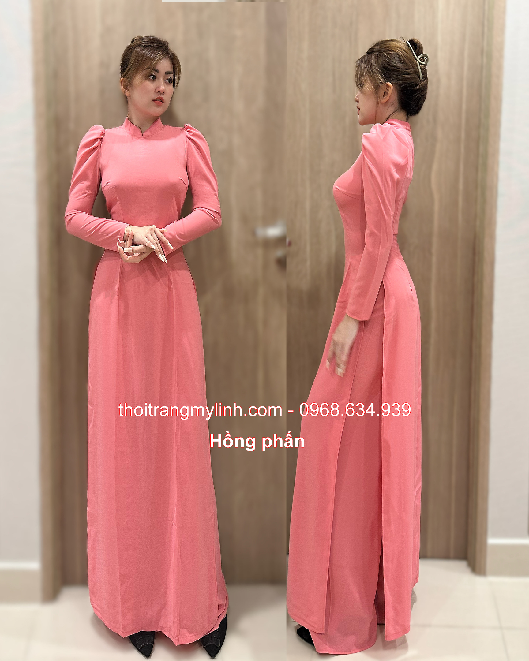 Áo dài cổ 3 phân tay phồng, dài màu hồng phấn