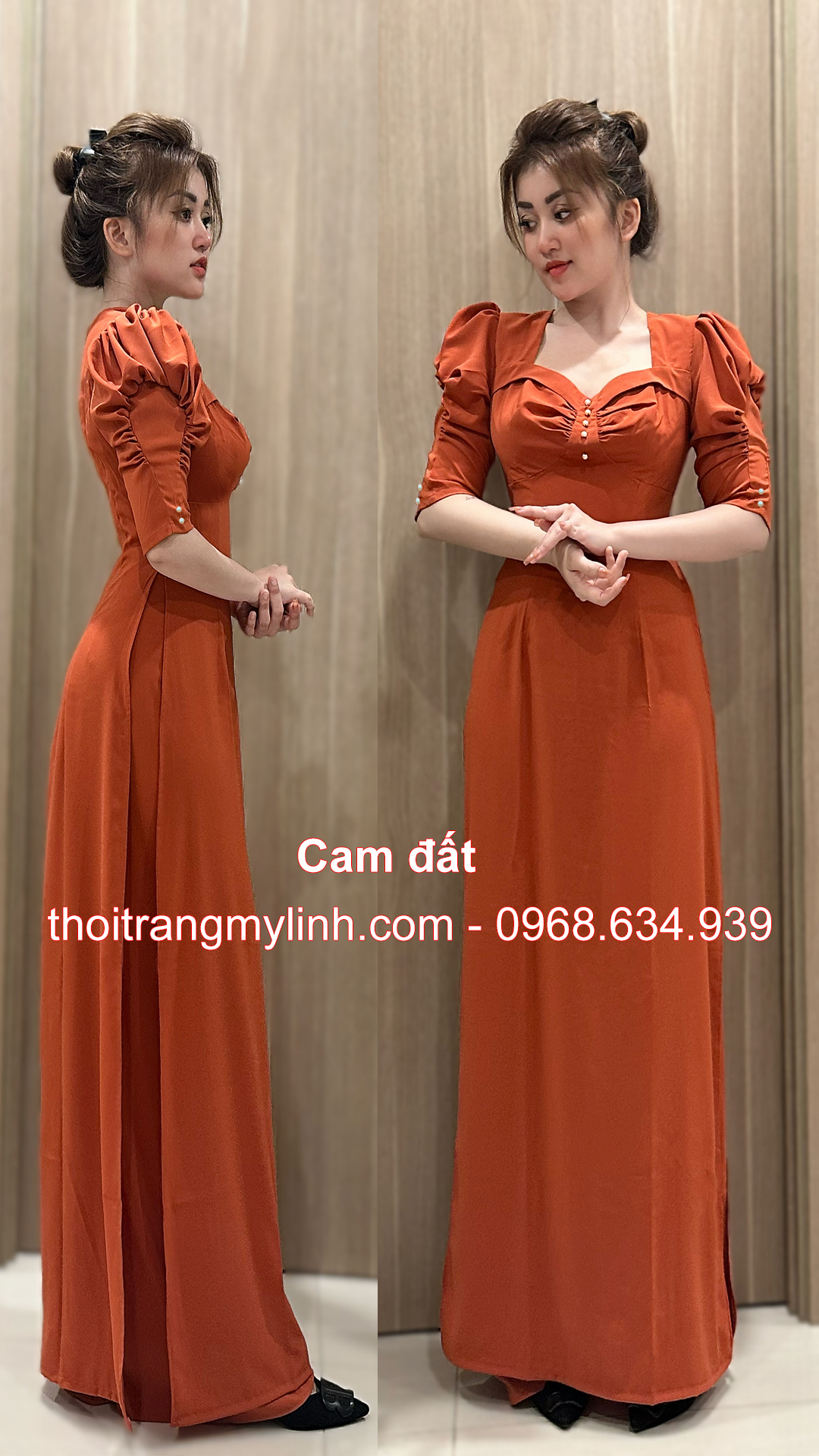 Áo dài đính ngọc trai tay phồng, lỡ màu cam đất
