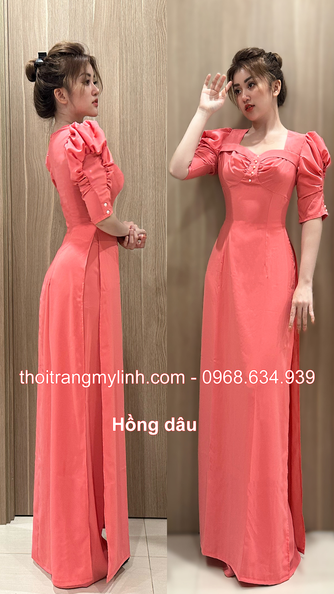 Áo dài đính ngọc trai tay phồng, lỡ màu hồng dâu