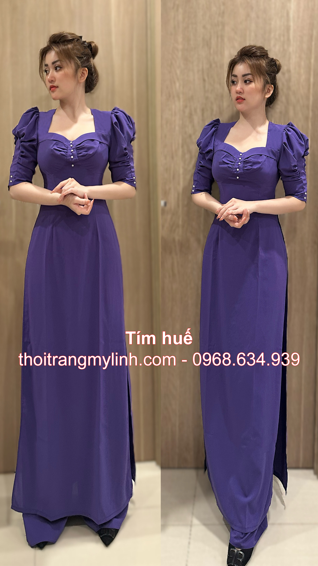 Áo dài đính ngọc trai tay phồng, lỡ màu tím huế