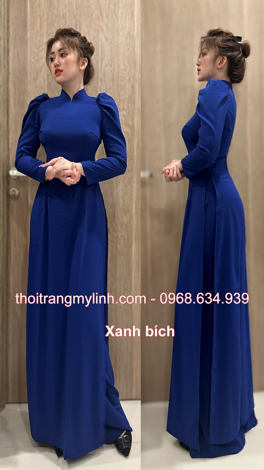 Áo dài cổ 3 phân tay phồng, dài màu xanh bích