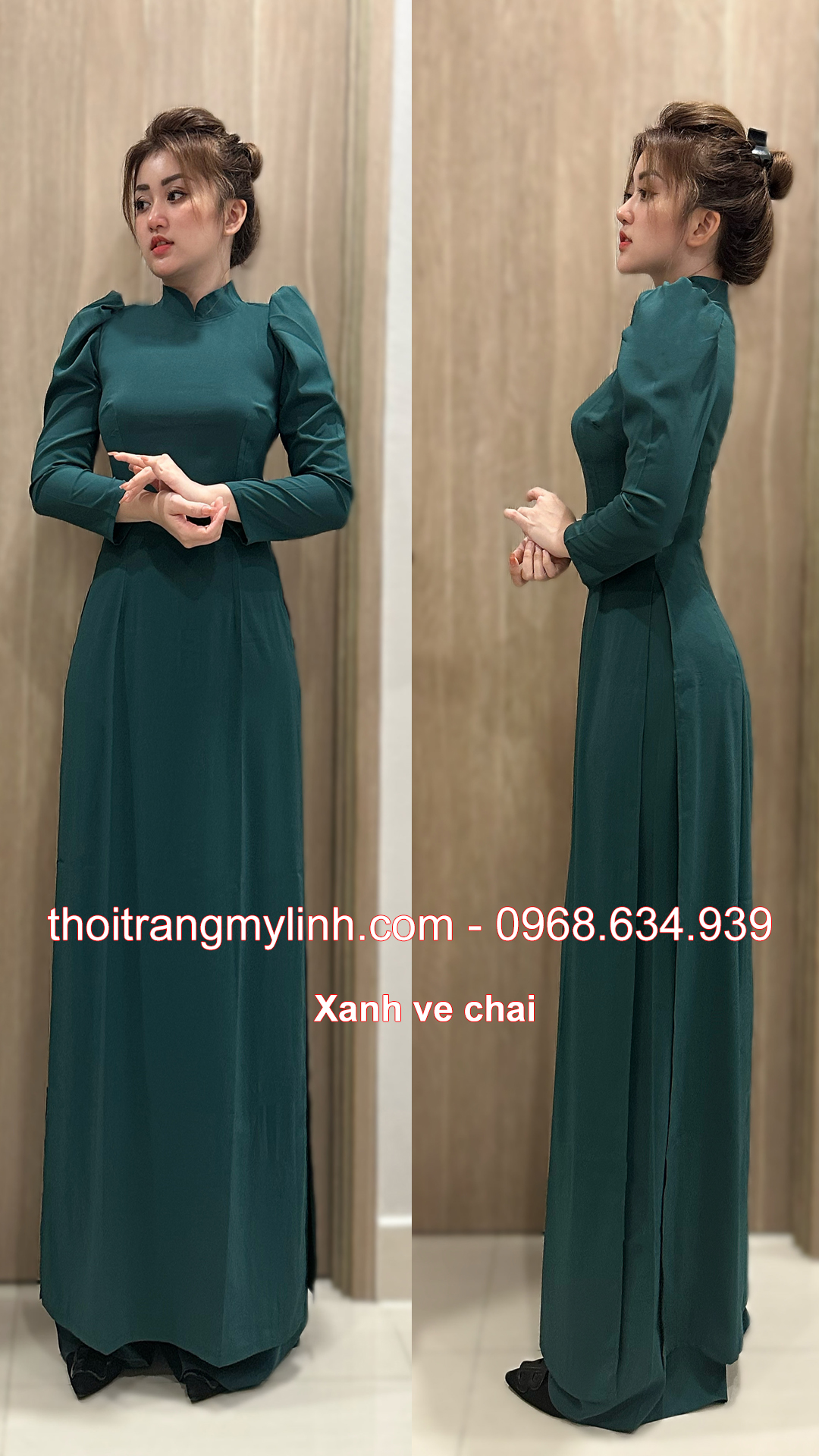 Áo dài cổ 3 phân tay phồng, dài màu xanh ve chai