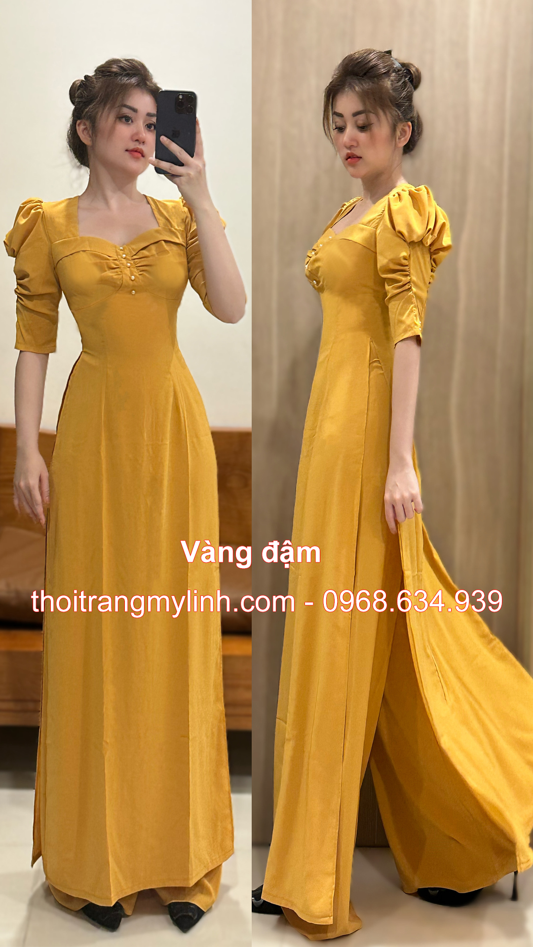 Áo dài đính ngọc trai tay phồng, lỡ màu vàng đậm