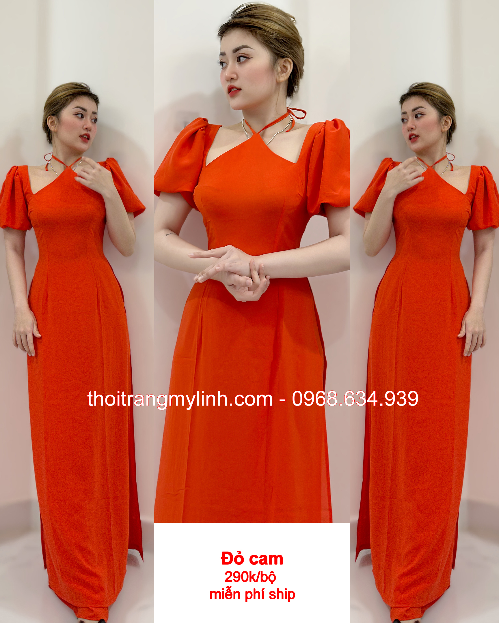 Áo dài cổ yếm tay phồng bí màu đỏ cam