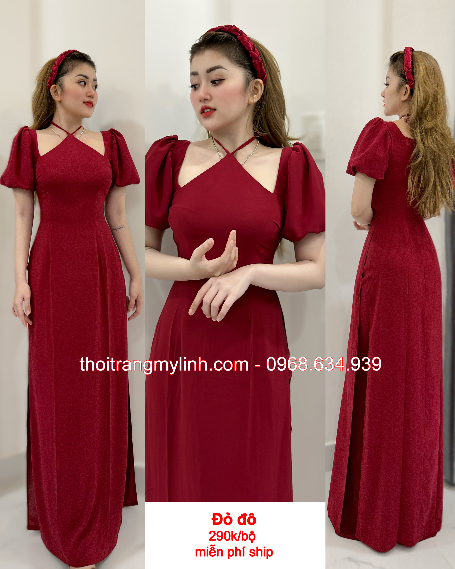 Áo dài cổ yếm tay phồng bí màu đỏ đô