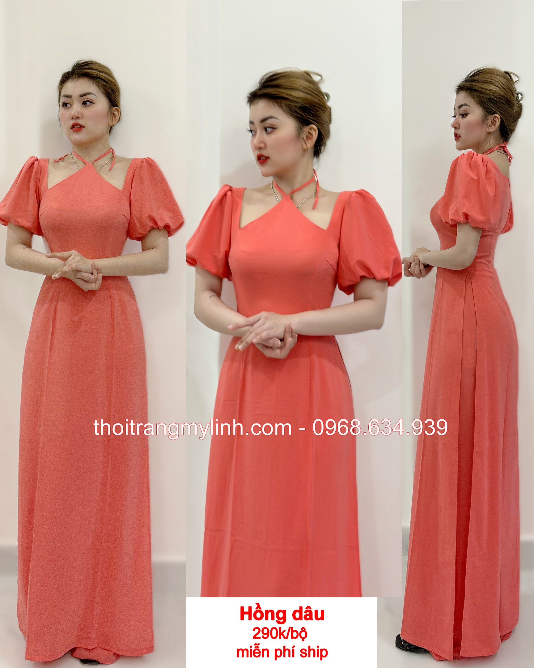 Áo dài cổ yếm tay phồng bí màu hồng dâu