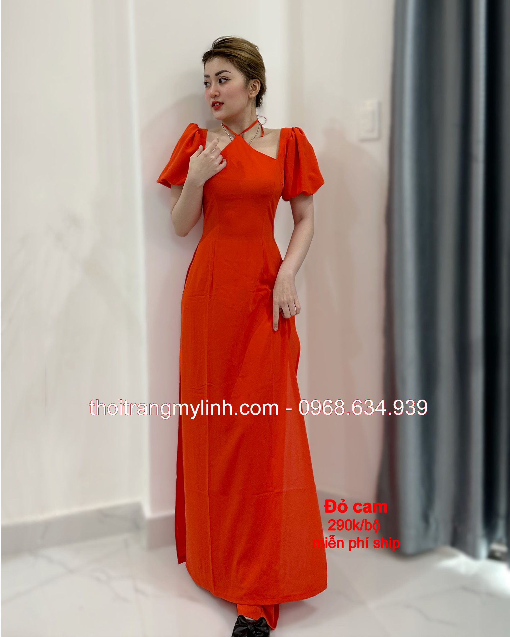 Áo dài cổ yếm tay phồng bí màu đỏ cam