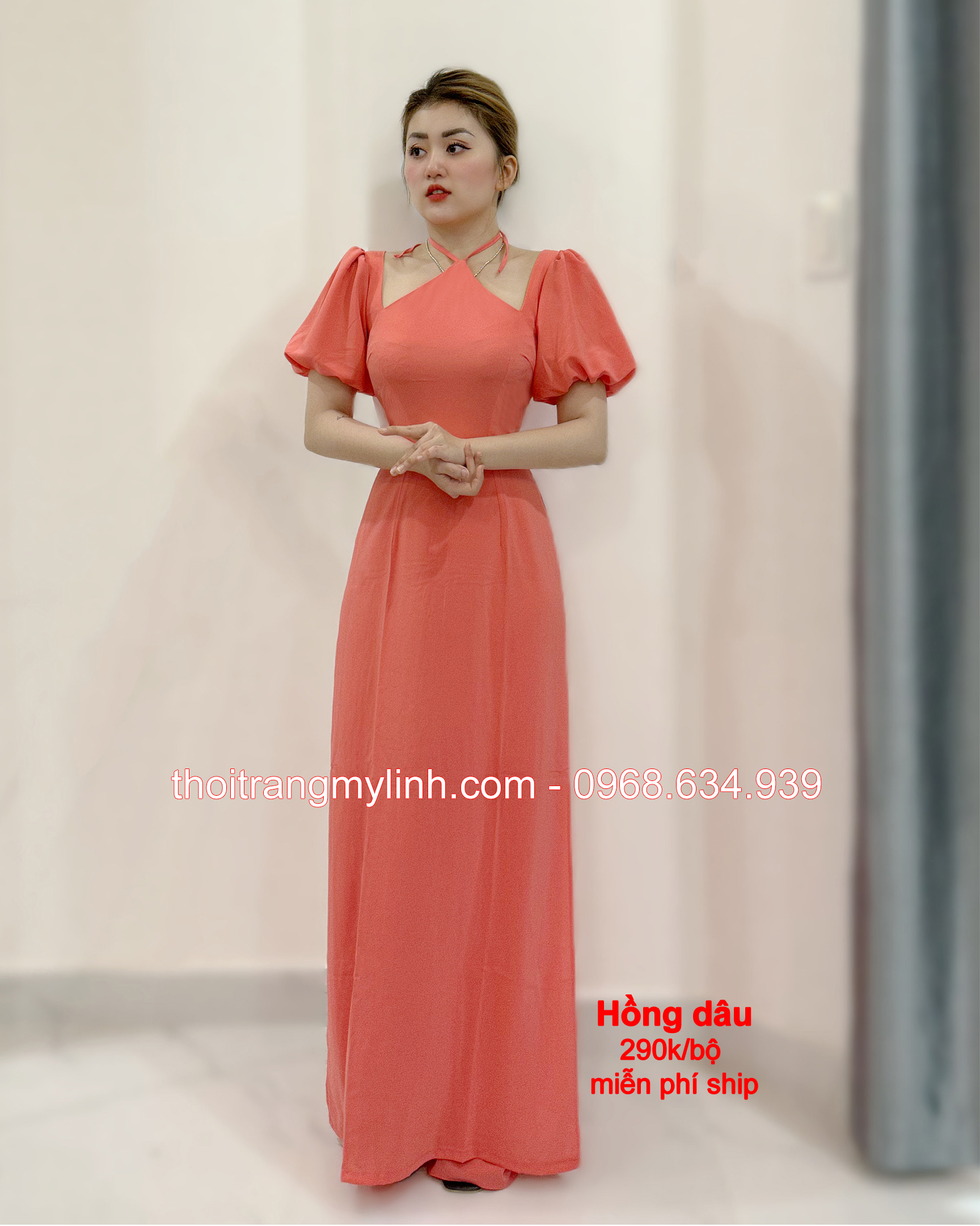 Áo dài cổ yếm tay phồng bí màu hồng dâu