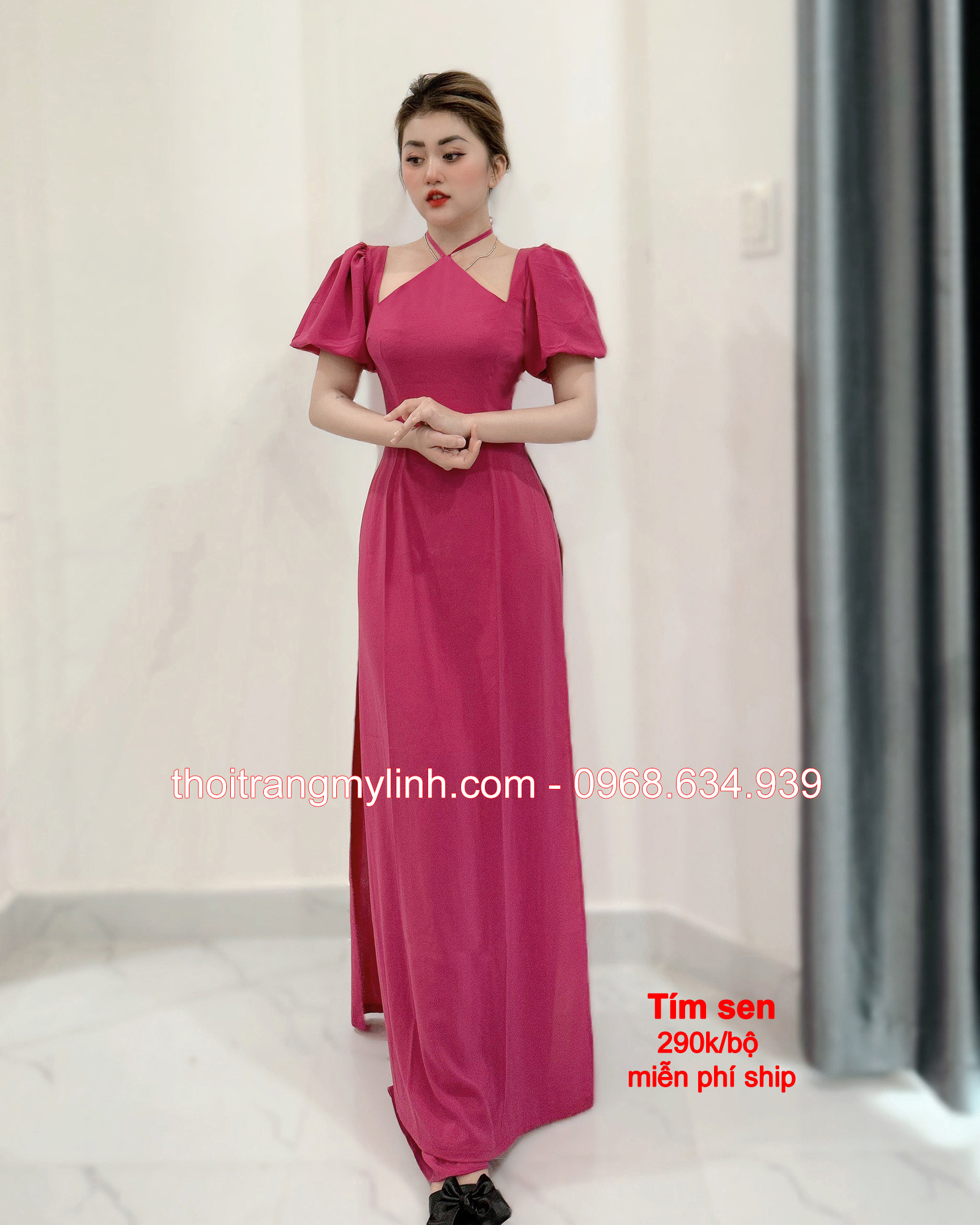 Áo dài cổ yếm tay phồng bí màu tím sen