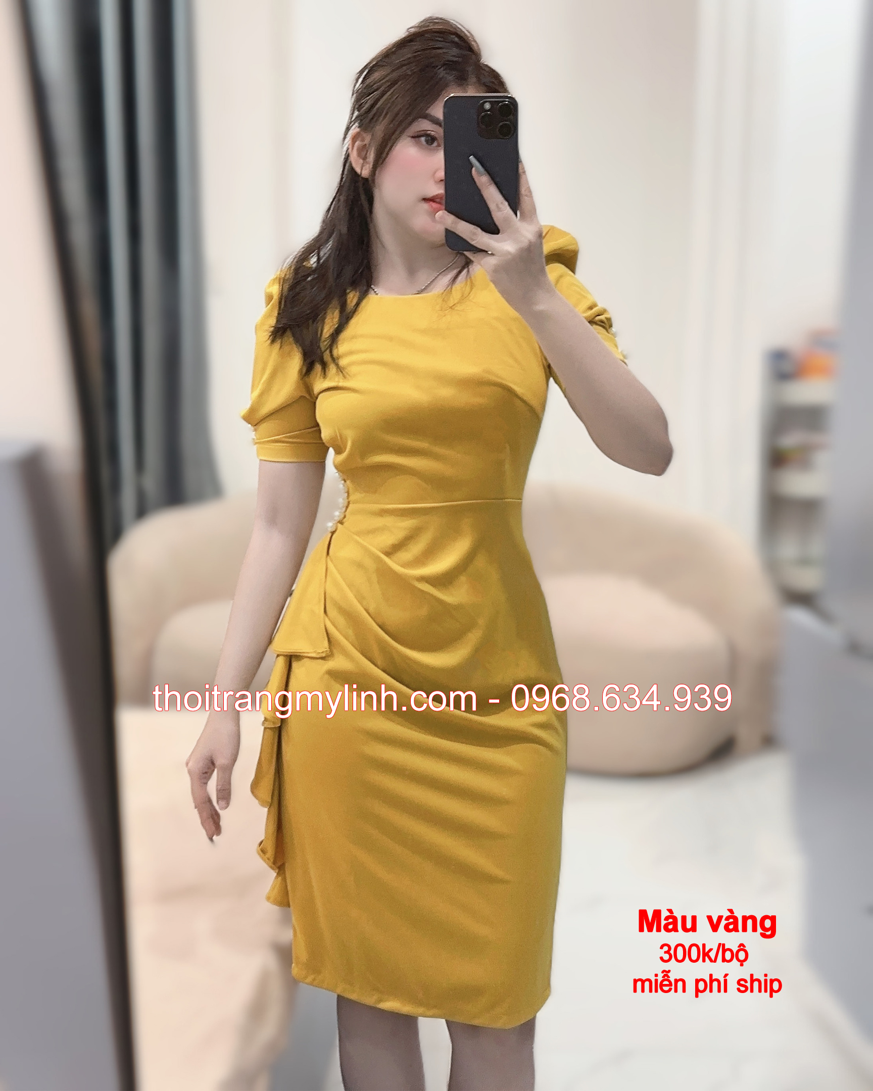 Đầm body đính ngọc trai màu vàng