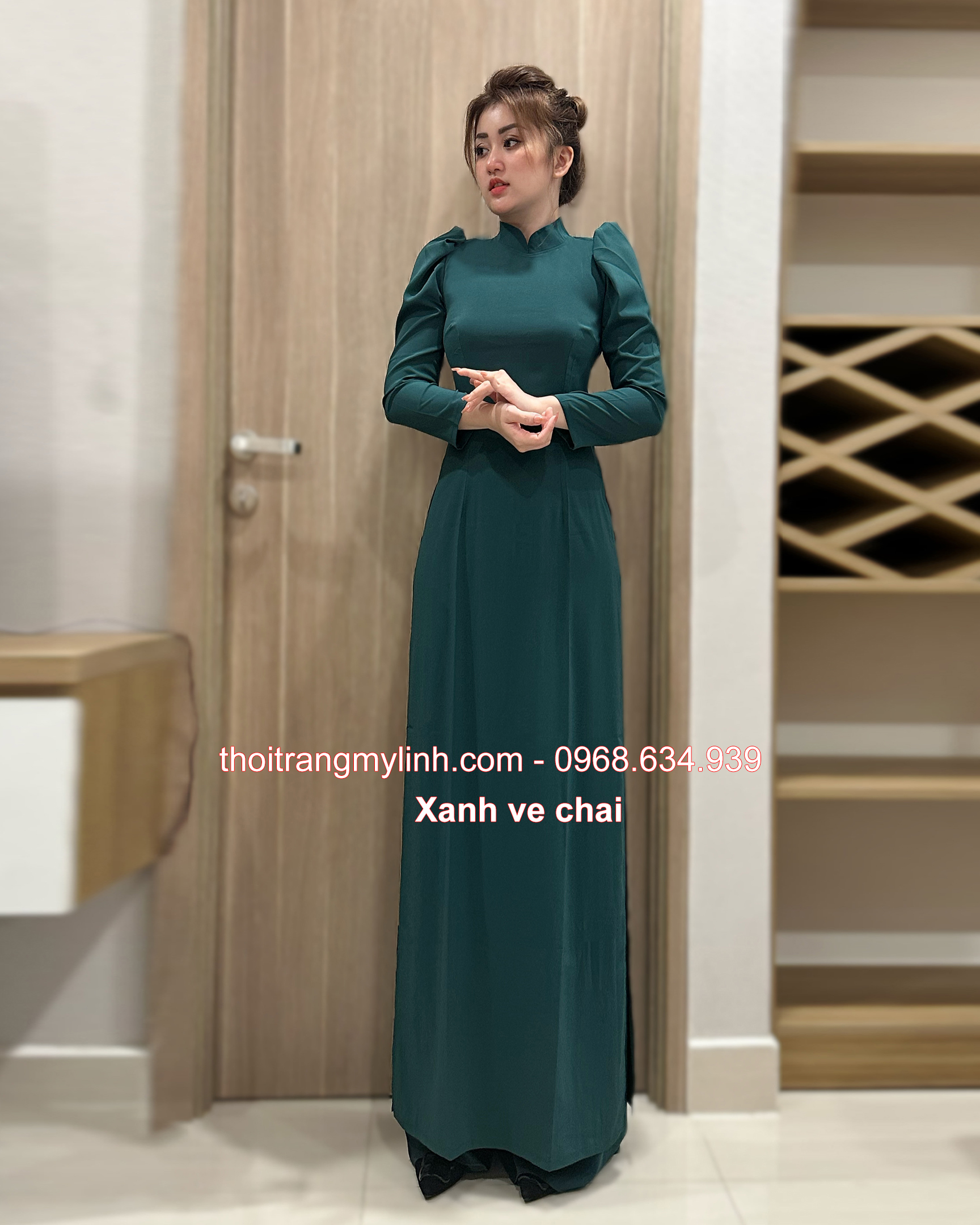 Áo dài cổ 3 phân tay phồng, dài màu xanh ve chai