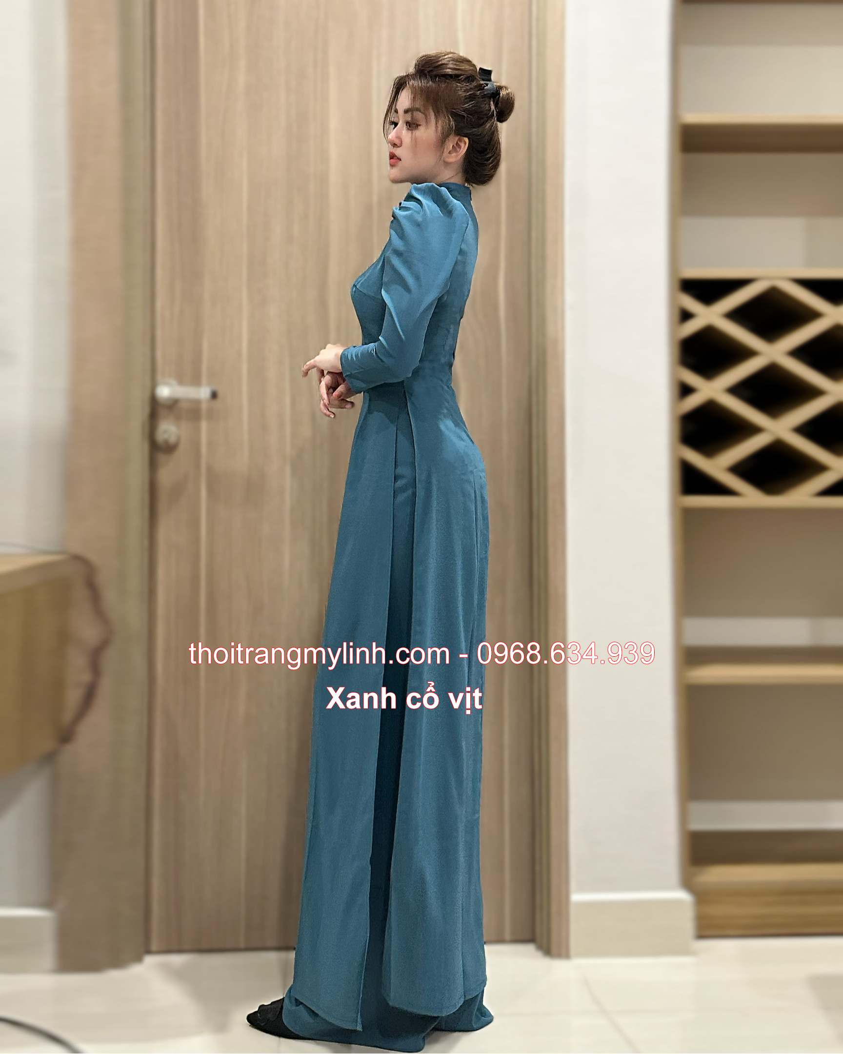 ÁO DÀI CỔ TRUYỀN THỐNG TAY PHỒNG, DÀI MÀU XANH CỔ VỊT