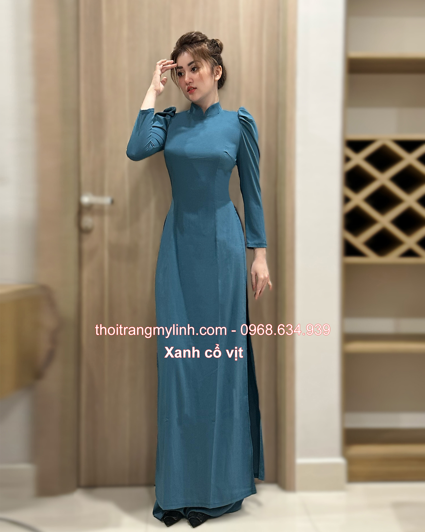 ÁO DÀI CỔ TRUYỀN THỐNG TAY PHỒNG, DÀI MÀU XANH CỔ VỊT