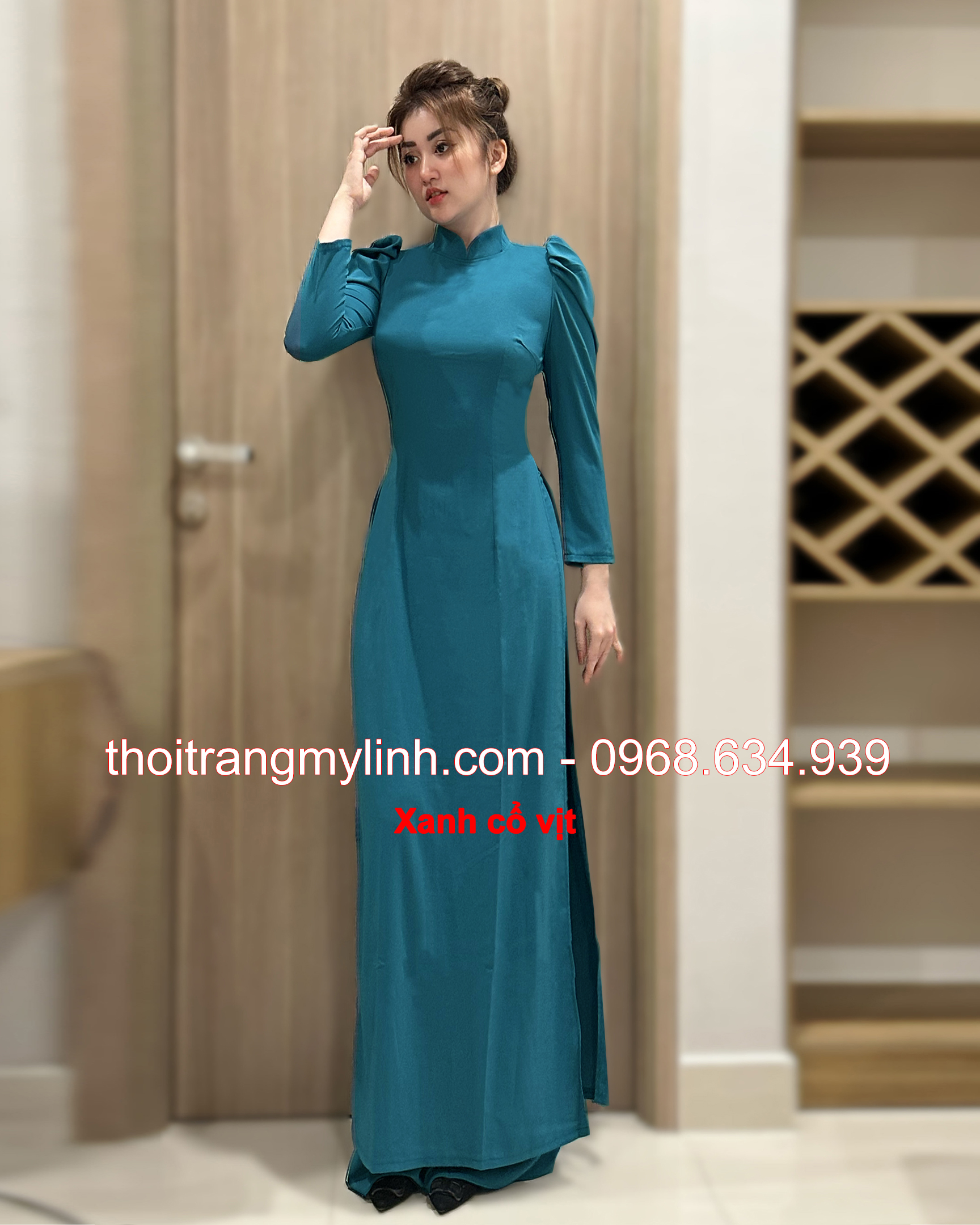 Áo dài cổ 3 phân tay phồng, dài màu xanh cổ vịt