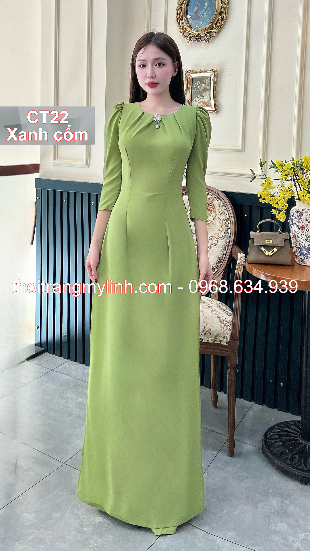 Bộ áo dài cổ tròn xếp li màu xanh cốm