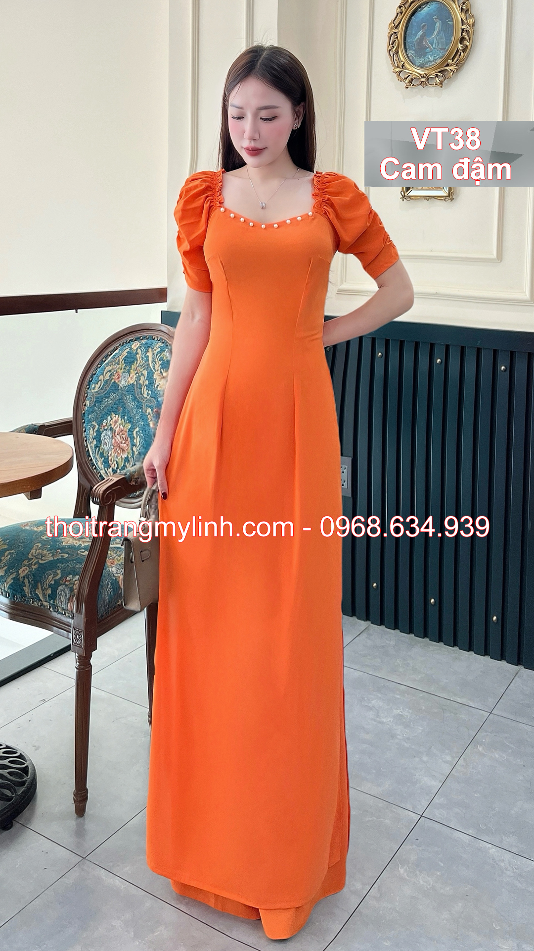 Bộ áo dài cổ tim bầu tay dún màu cam đậm