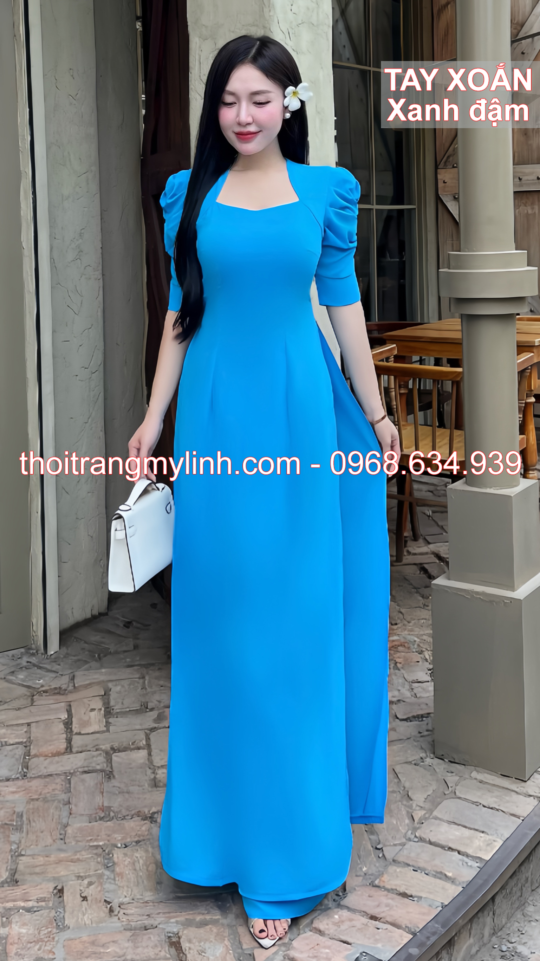 Bộ áo dài cổ nữ hoàng tay xoắn xanh đậm