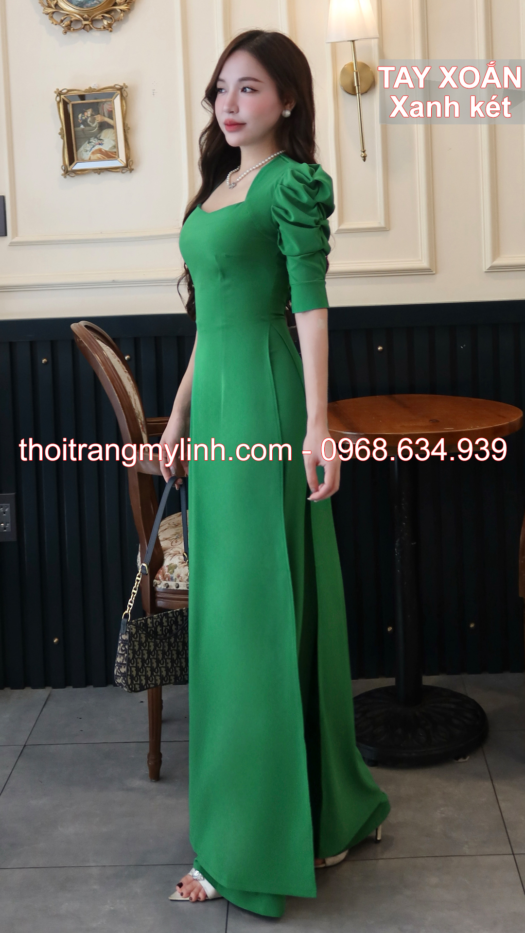 Bộ áo dài cổ nữ hoàng tay xoắn xanh két