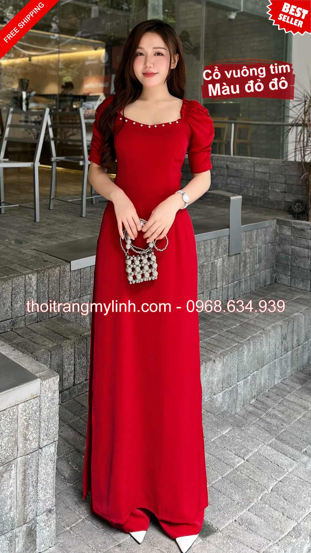 Bộ áo dài cổ tim bầu tay dún màu dỏ đô