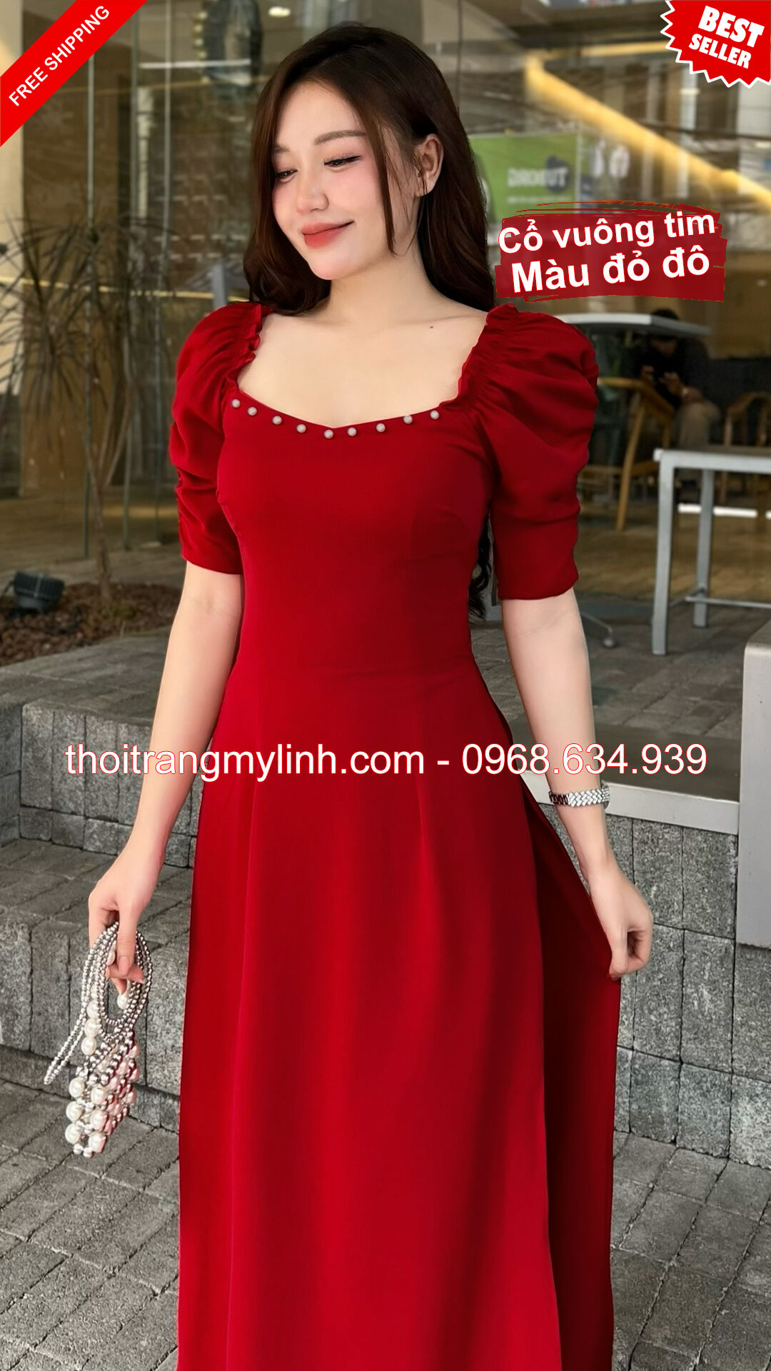 Bộ áo dài cổ tim bầu tay dún màu dỏ đô