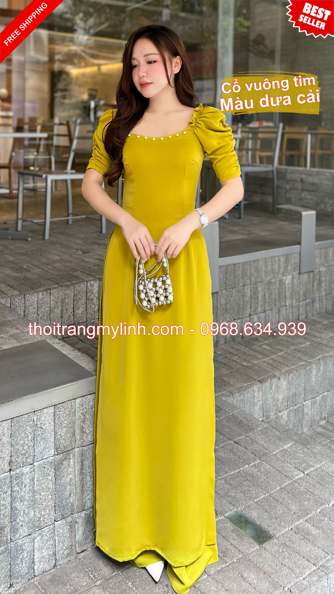 Bộ áo dài cổ tim bầu đính hạt tay dún màu dưa cải