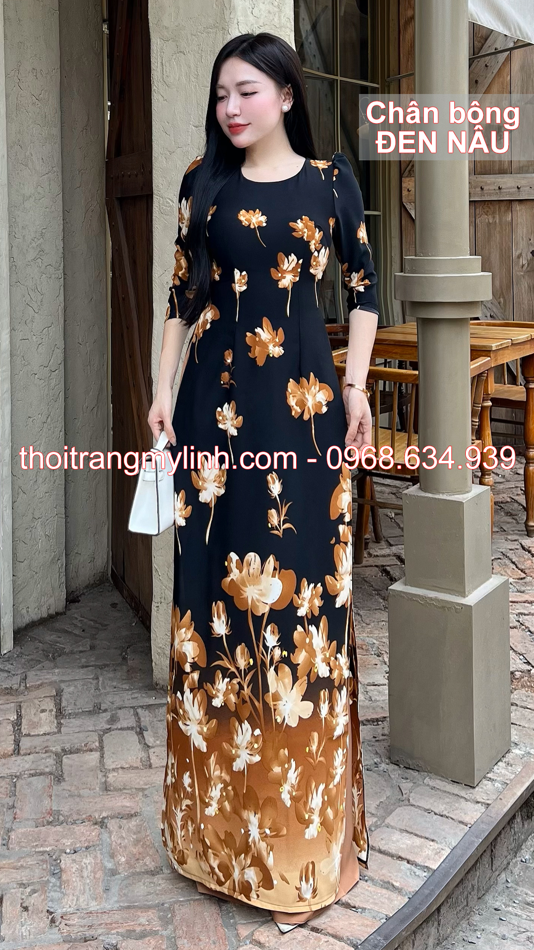 Áo dài cổ tròn họa tiết chân bông đen nâu