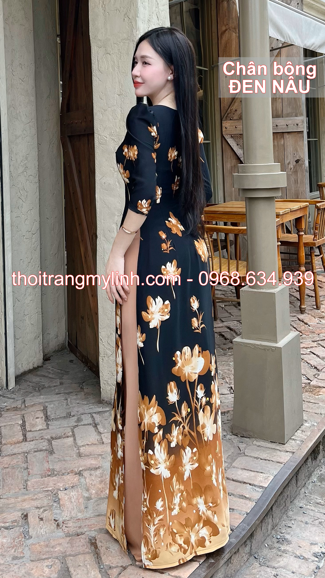 Áo dài cổ tròn họa tiết chân bông đen nâu