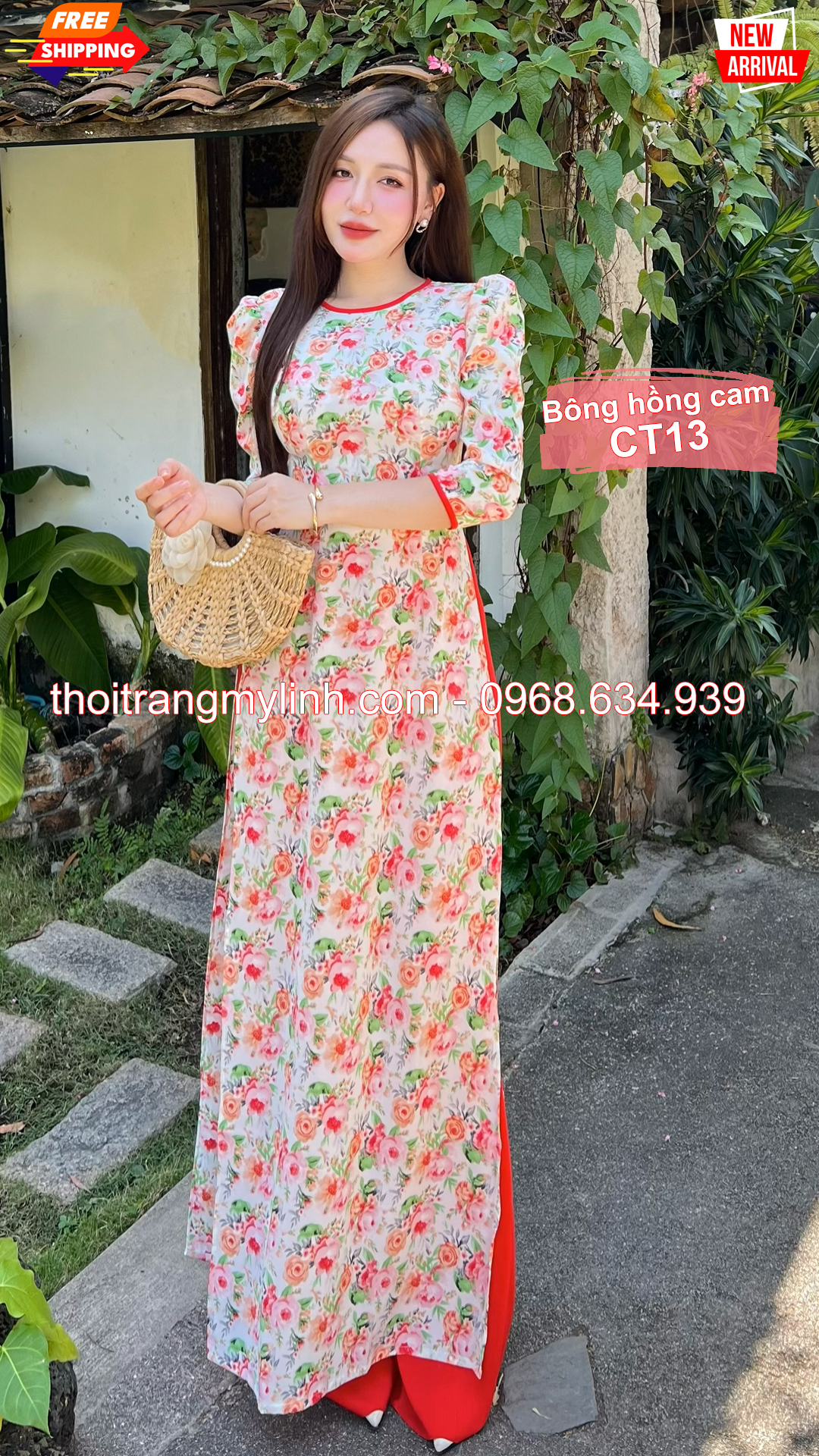 Áo dài cổ tròn họa tiết bông hồng cam CT13