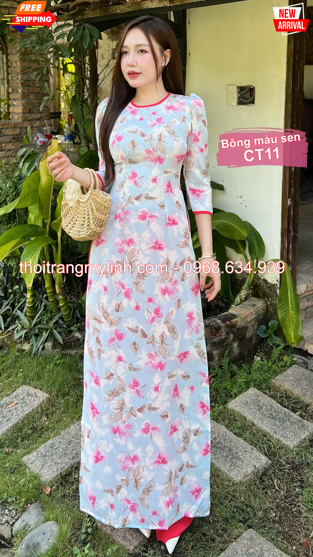 Áo dài cổ tròn họa tiết bông màu sen CT11