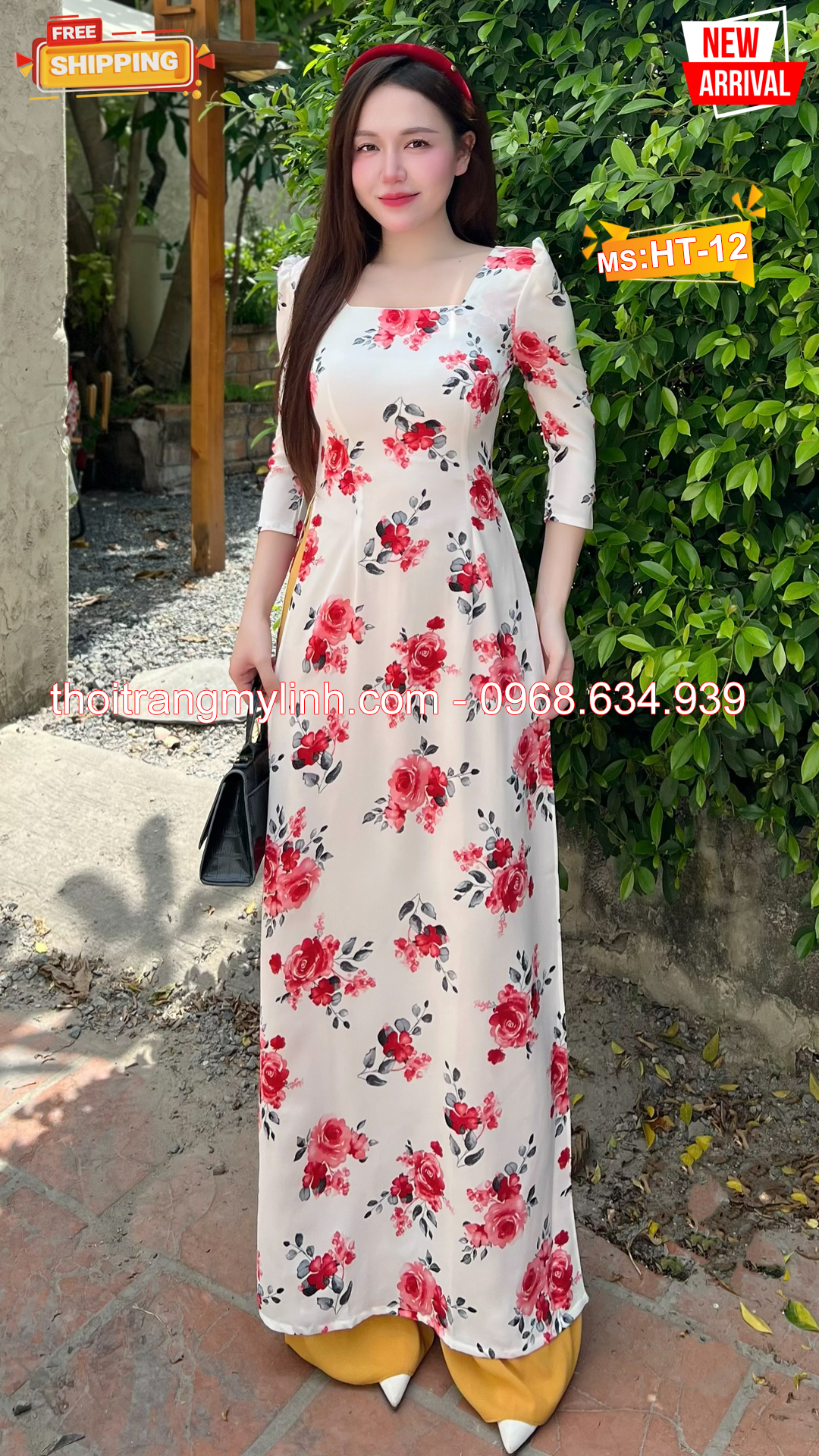 Áo dài họa tiết bông đỏ tươi nền trắng HT12