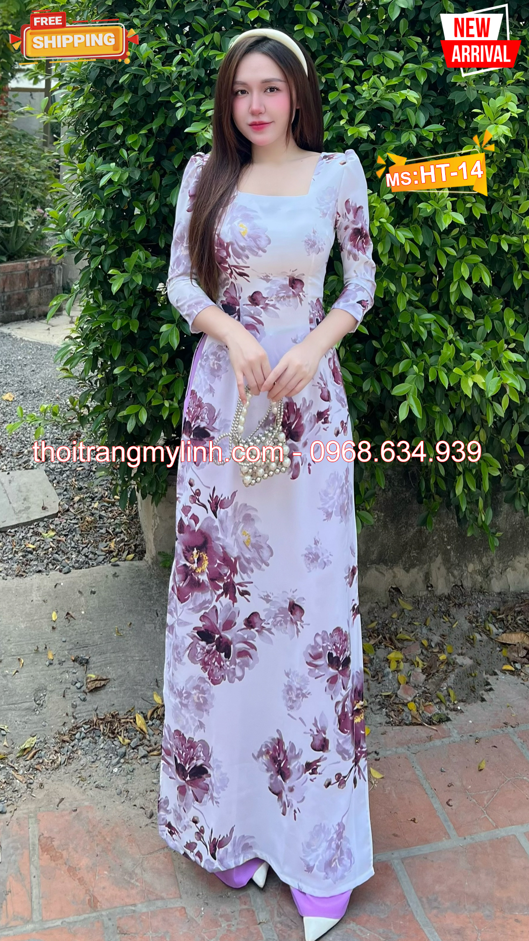 Bộ áo dài họa tiết bông tím nền trắng HT14