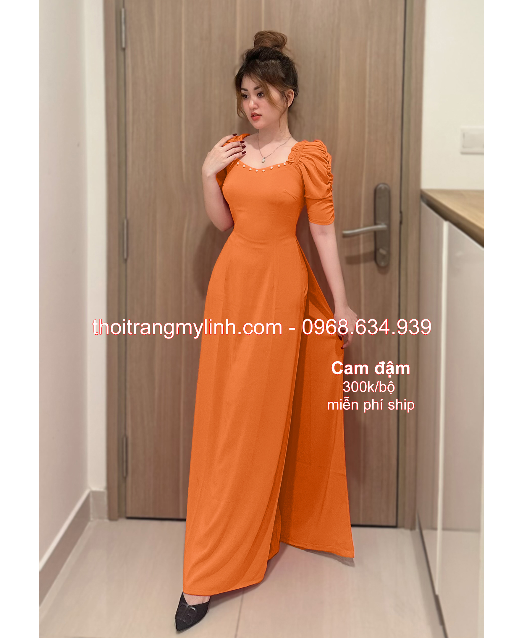 Bộ áo dài cổ tim bầu tay dún màu cam đậm