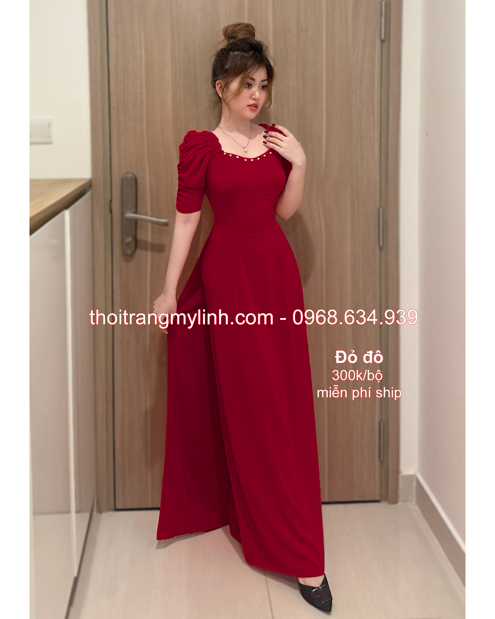 Bộ áo dài cổ tim bầu tay dún màu dỏ đô