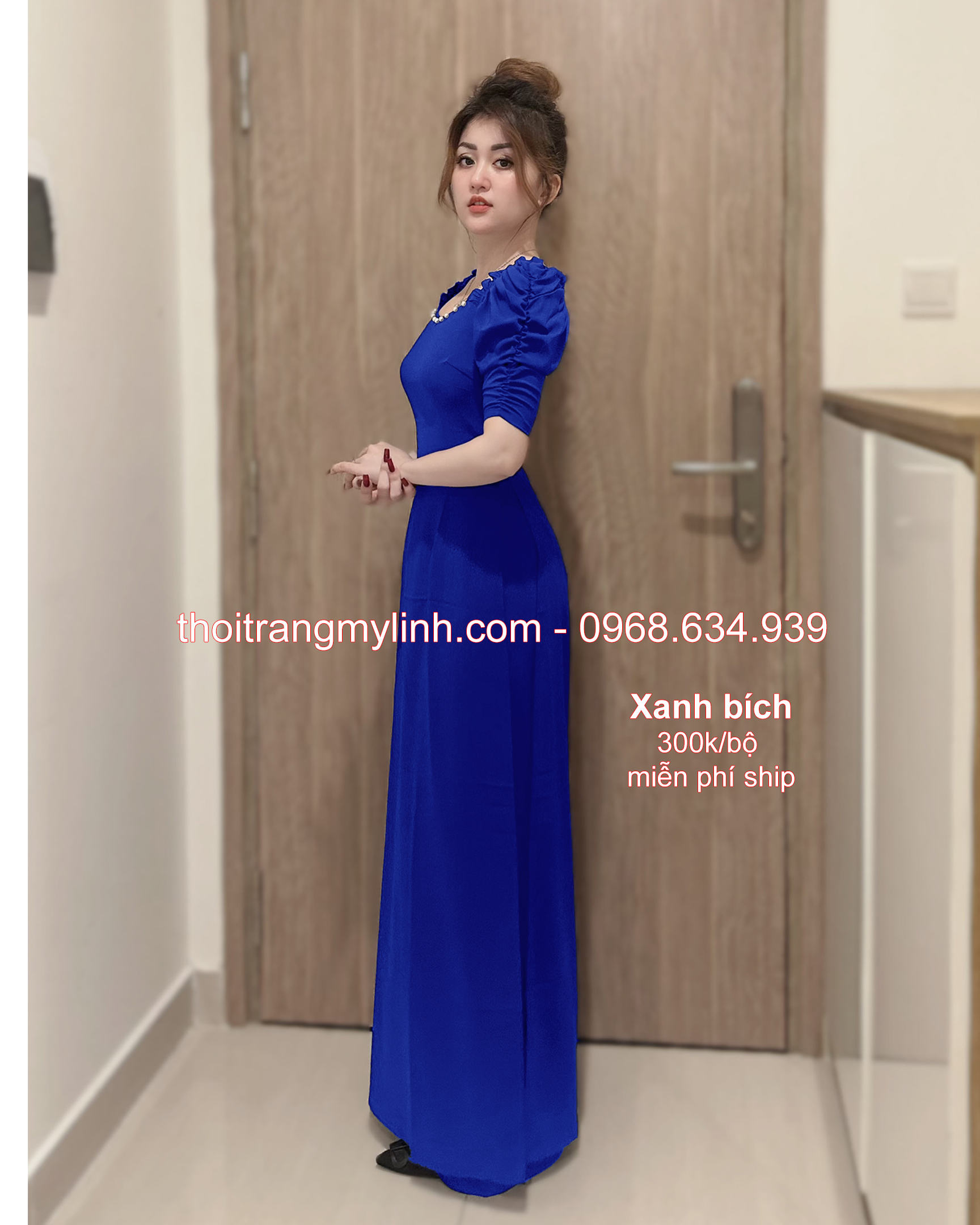 Bộ áo dài cổ tim bầu tay dún màu xanh bích