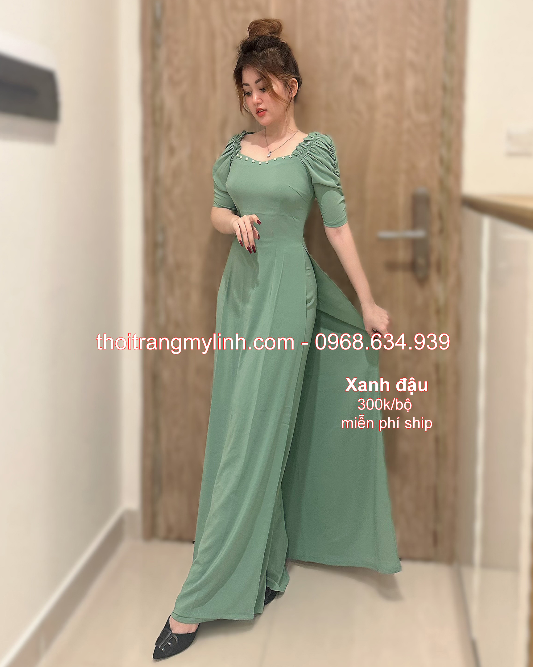 Bộ áo dài cổ tim bầu tay dún màu xanh đậu