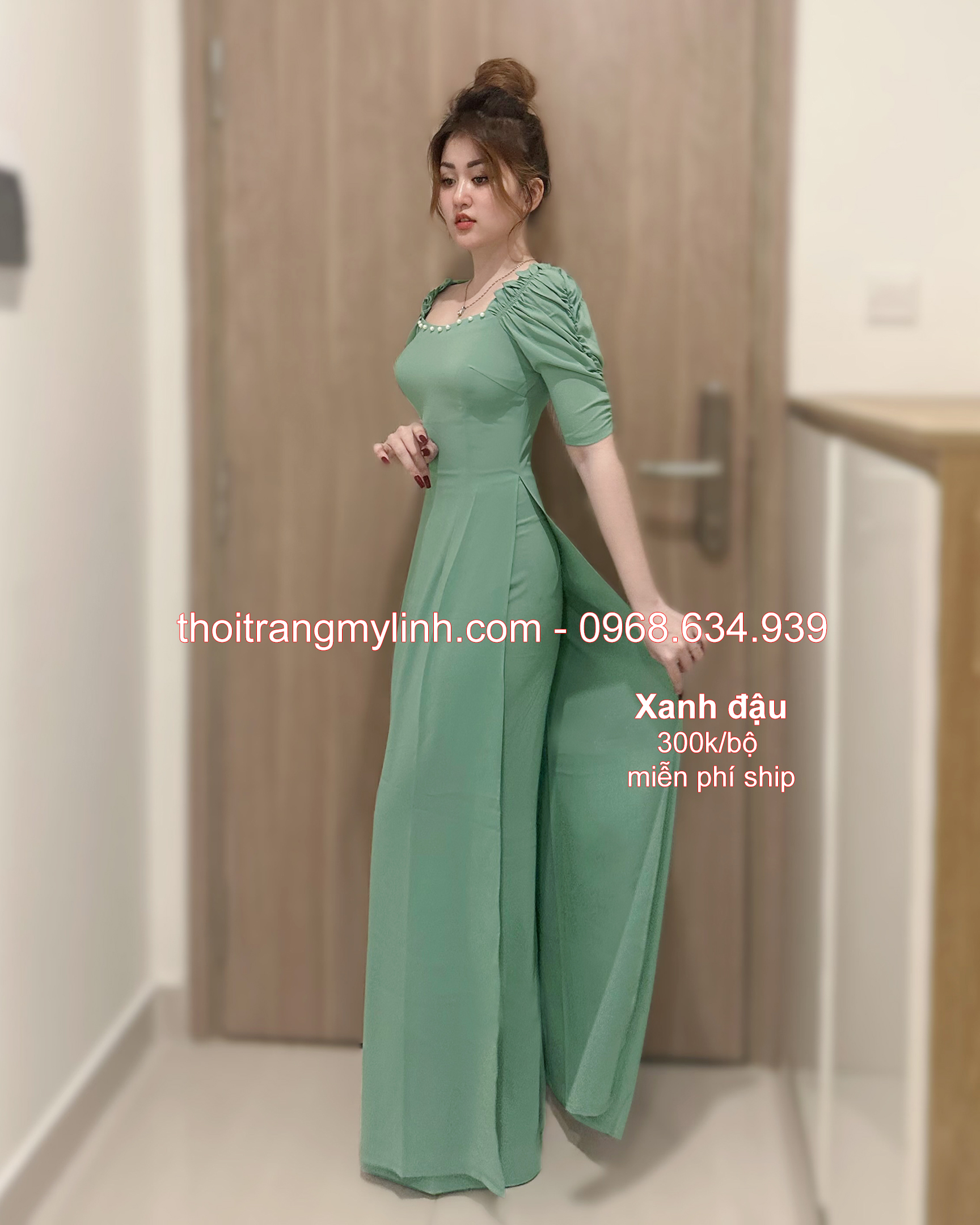 Bộ áo dài cổ tim bầu tay dún màu xanh đậu
