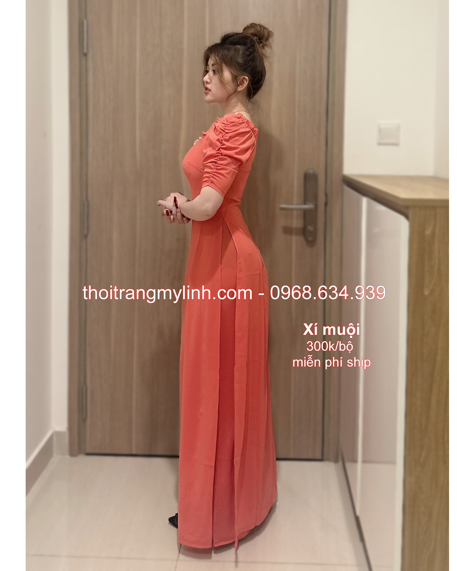Bộ áo dài cổ tim bầu tay dún màu hồng xí muội