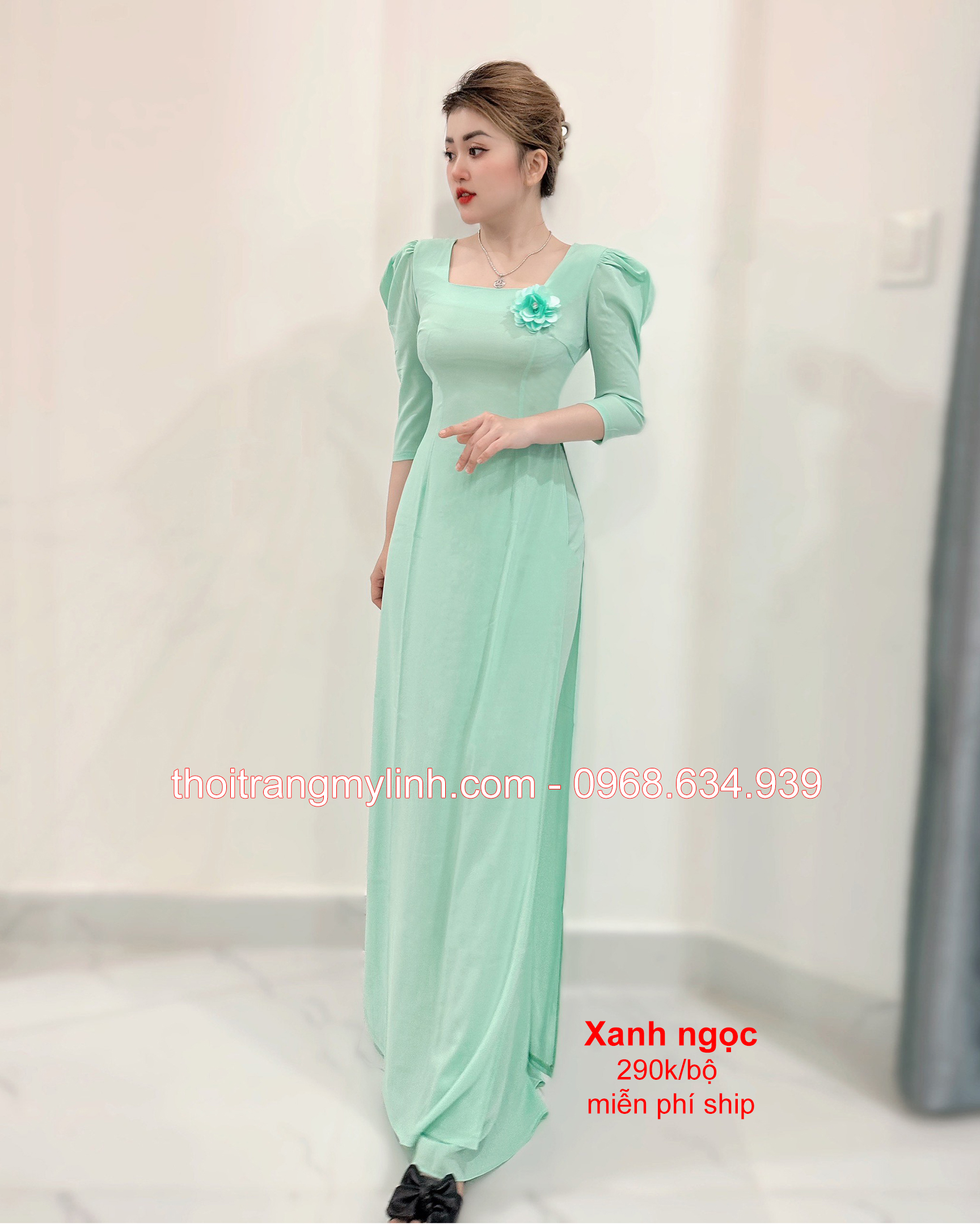 ÁO CỔ VUÔNG TAY LỠ, PHỒNG MÀU XANH NGỌC