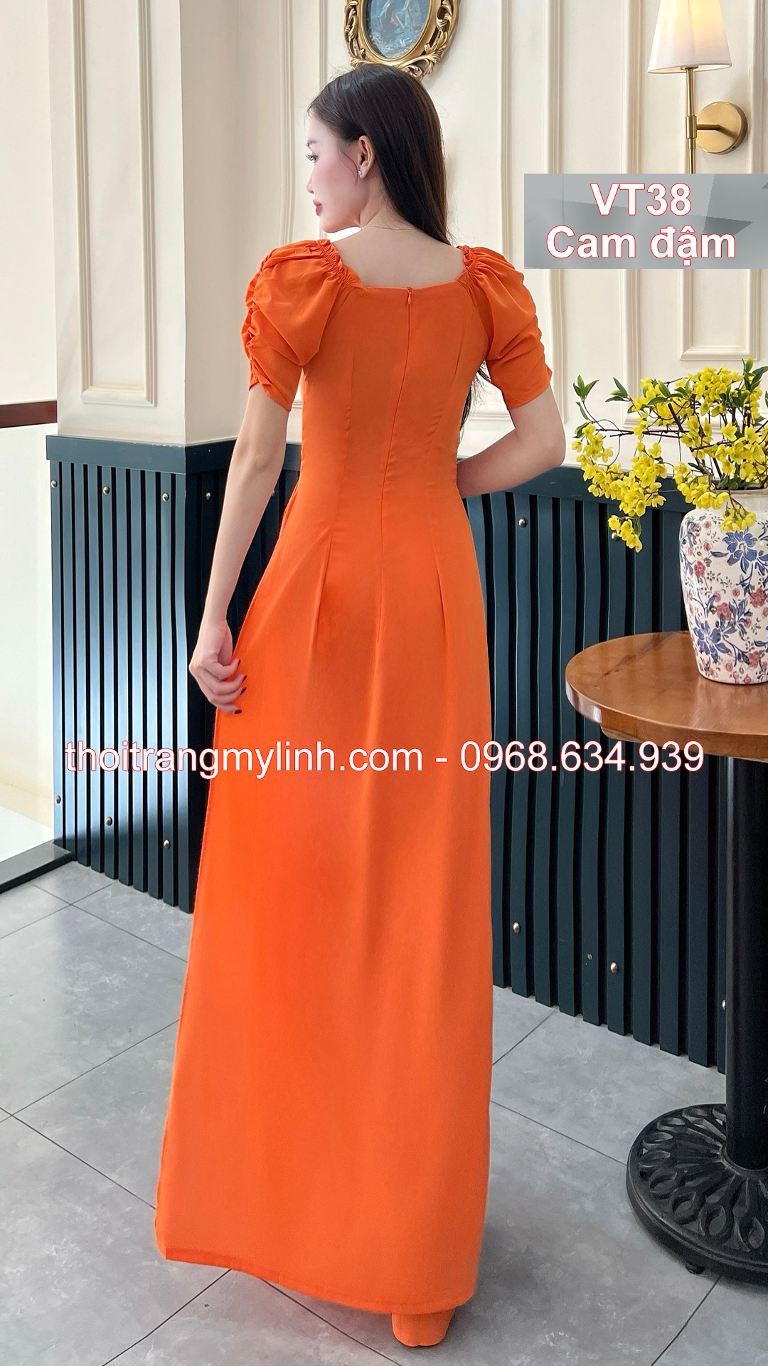 Bộ áo dài cổ tim bầu tay dún màu cam đậm