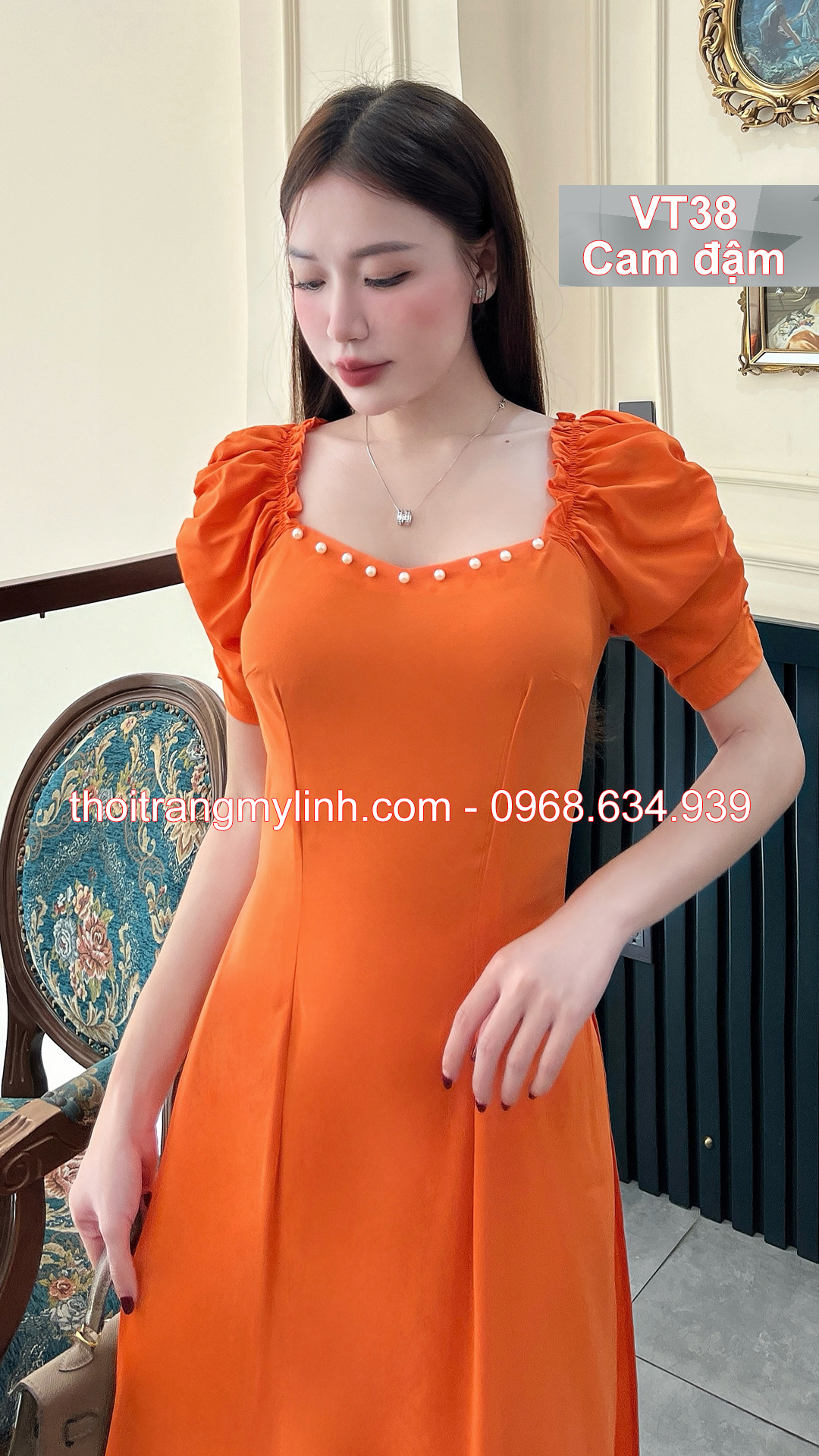 Bộ áo dài cổ tim bầu tay dún màu cam đậm