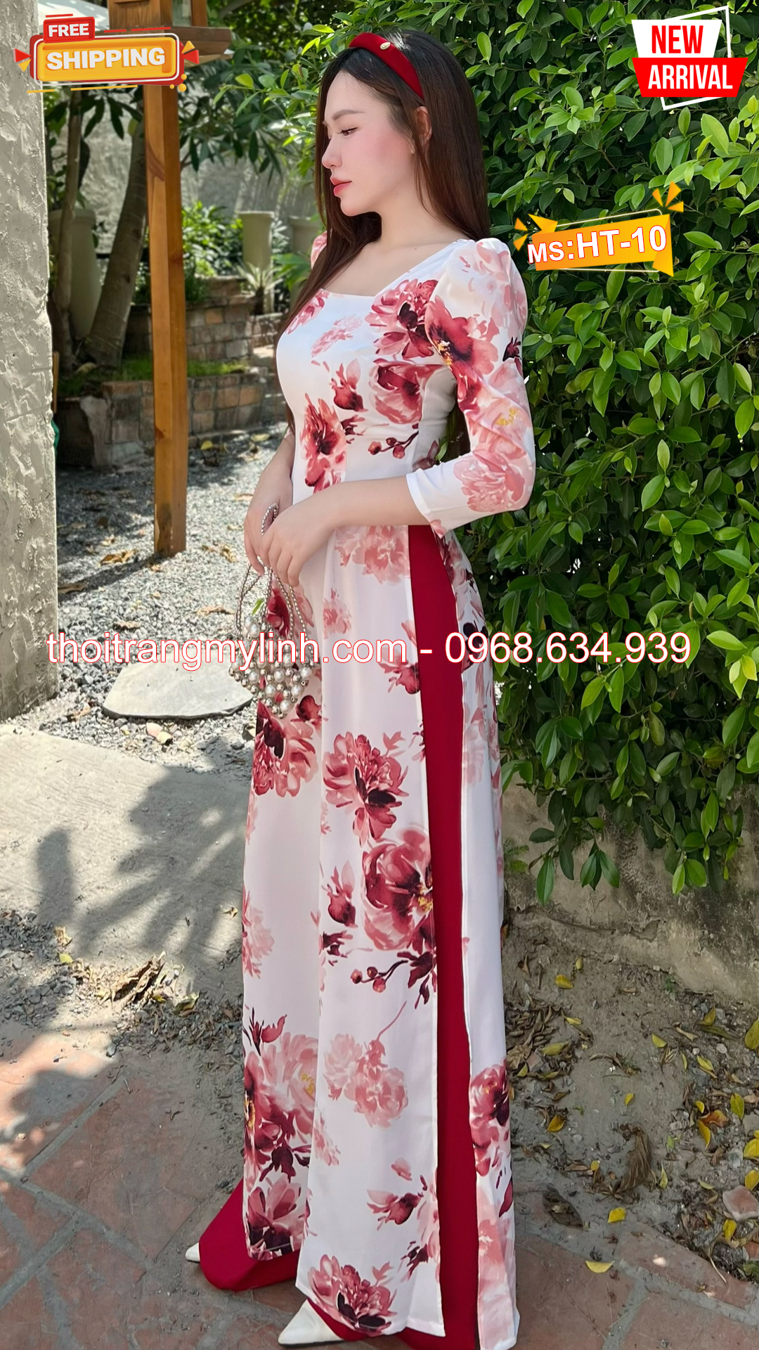 Áo dài họa tiết bông đỏ đô nền trẵng HT10