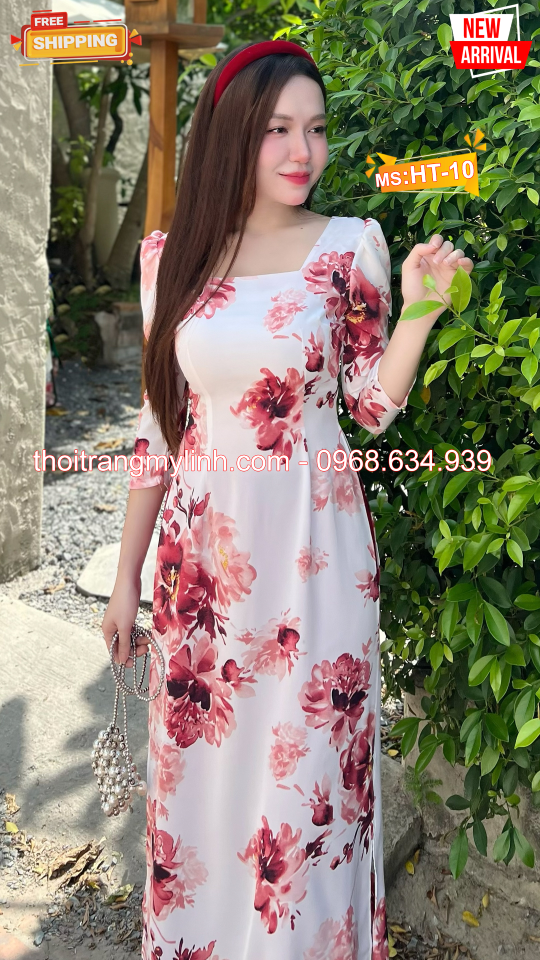 Áo dài họa tiết bông đỏ đô nền trẵng HT10